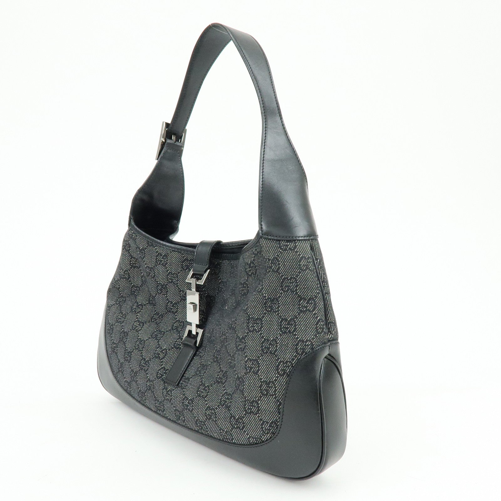 GUCCI Jackie GG Denim Leather Shoulder Bag Hand Bag Black 00963