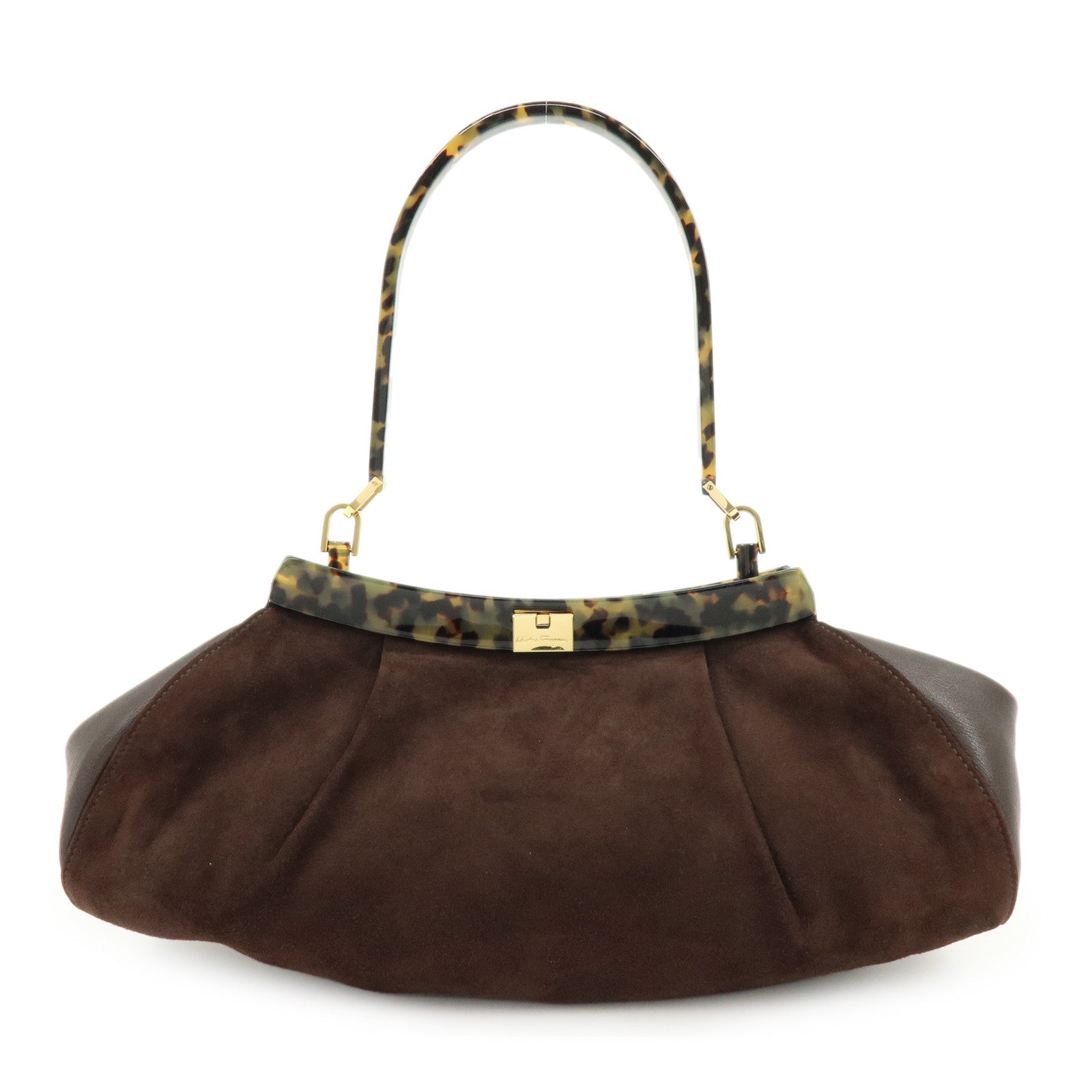 Ferragamo Suede Leather Plastic Shoulder Bag Hand Bag Brown