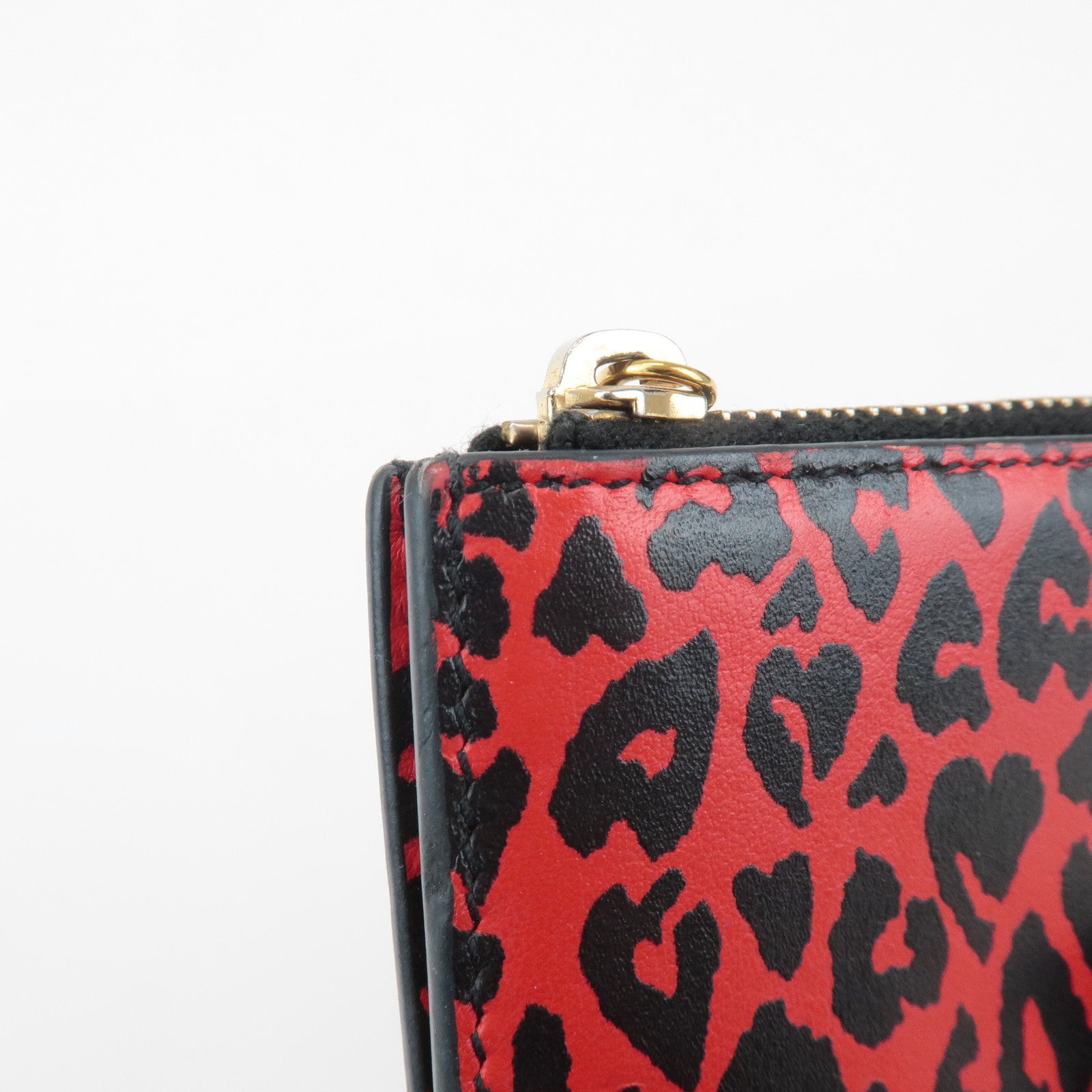 Saint Lauren Leather Animal Leopard Coin Case Card Case Black Red Used