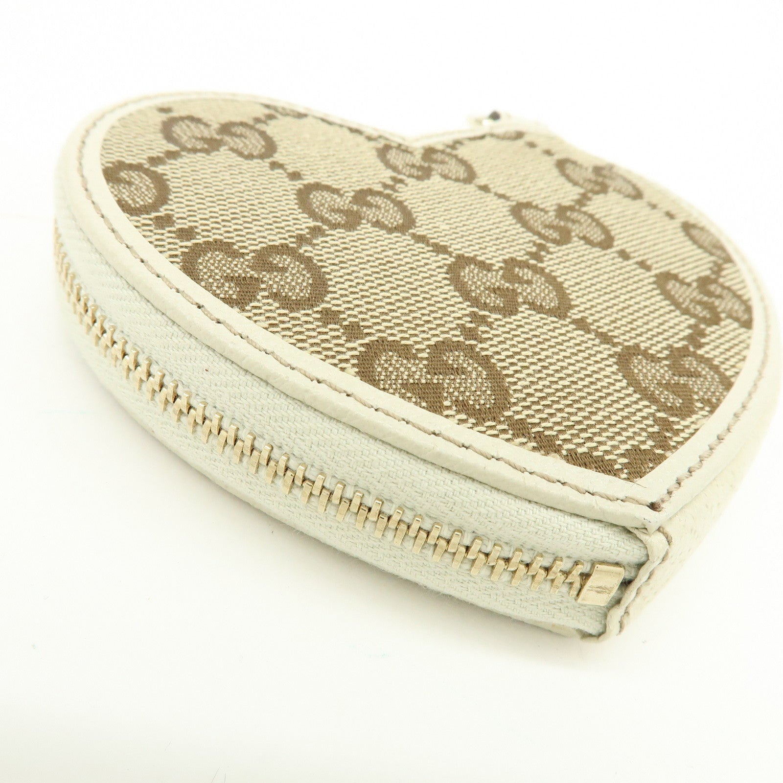 GUCCI Lovely Heart GG Canvas Leather Coin Case Brown Ivory 152615