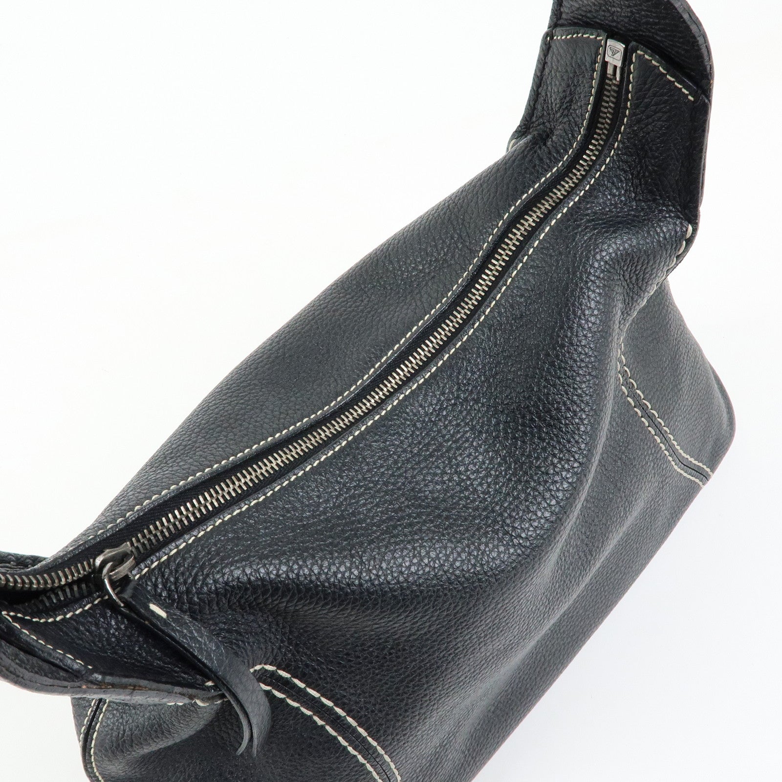 TOD'S Logo Stitches Leather Shoulder Bag Hand Bag Black