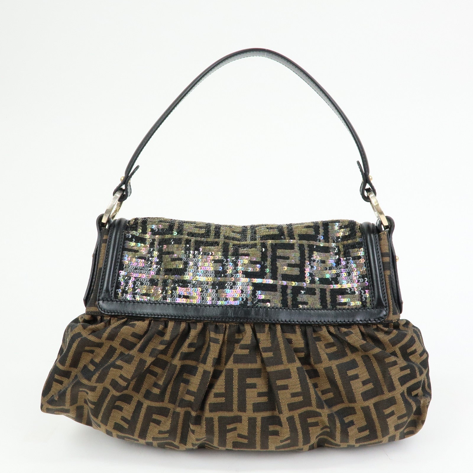 FENDI Zucca Canvas Leather Sequined Shoulder Bag Brown 8BR436