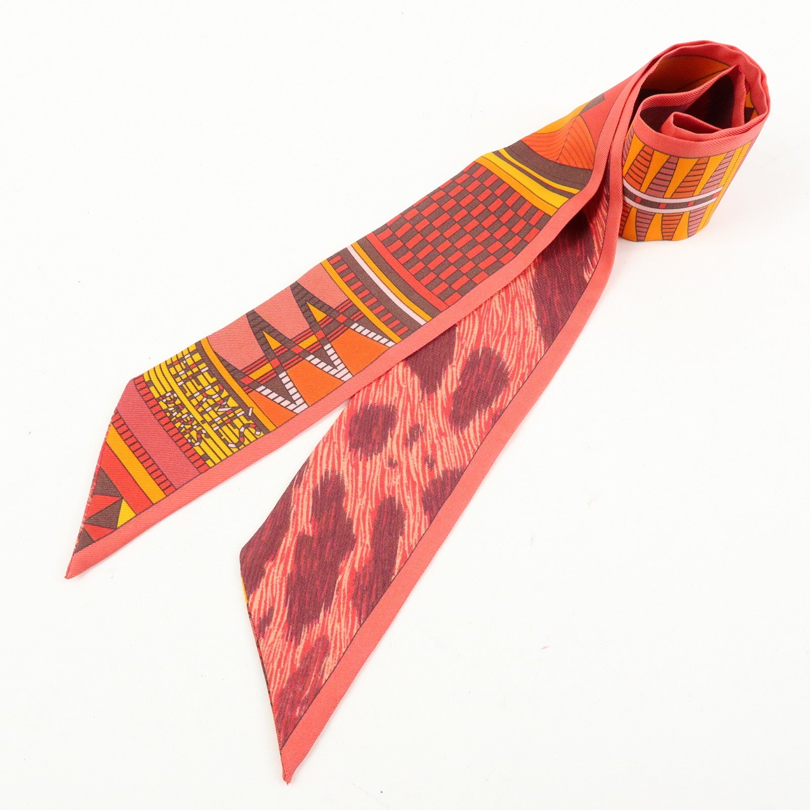 HERMES Twilly Silk 100% Scarf PELAGES ET CAMOUFLAGE Orange Red