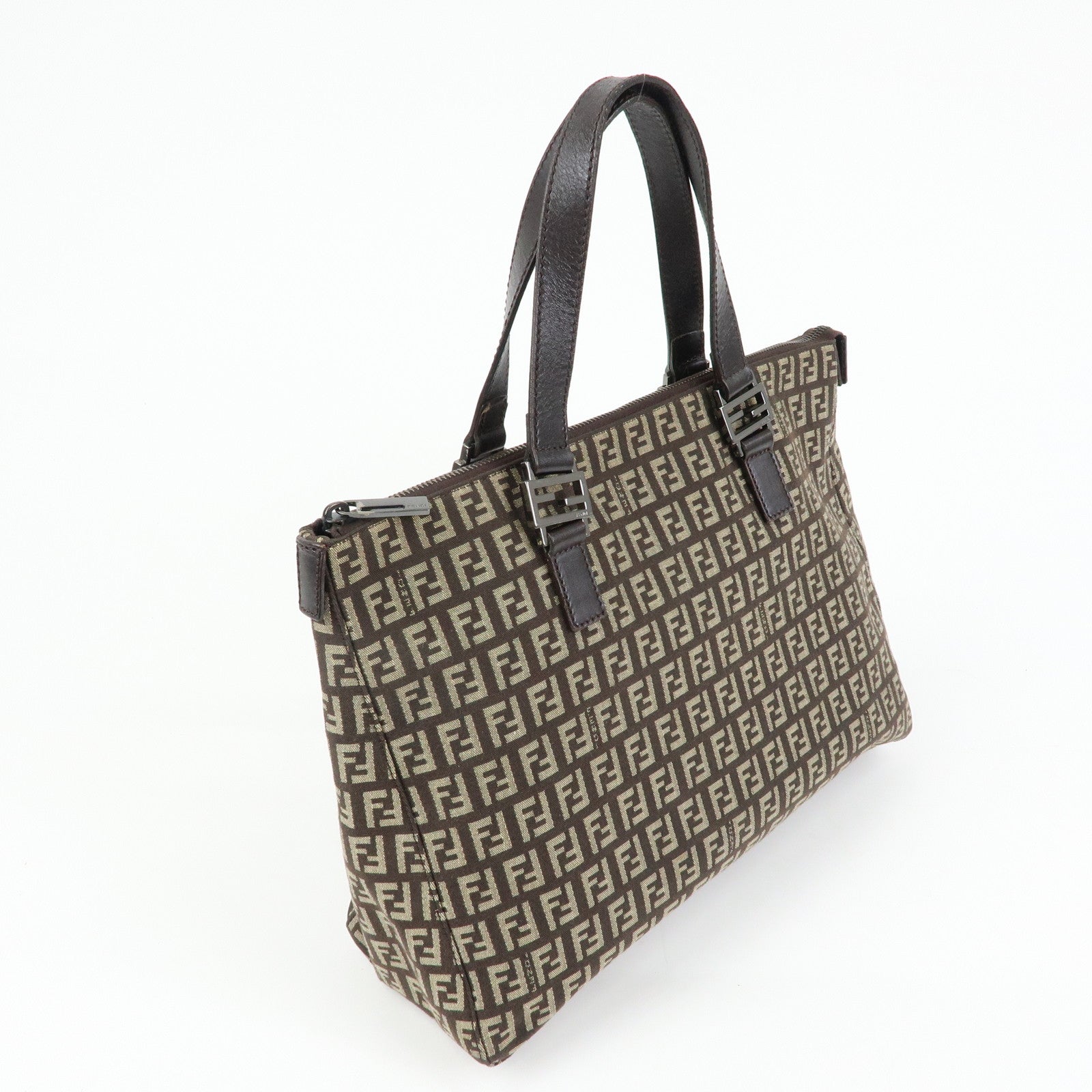 FENDI Zucchino Canvas Leather Tote Bag Hand Bag Brown 8BH138