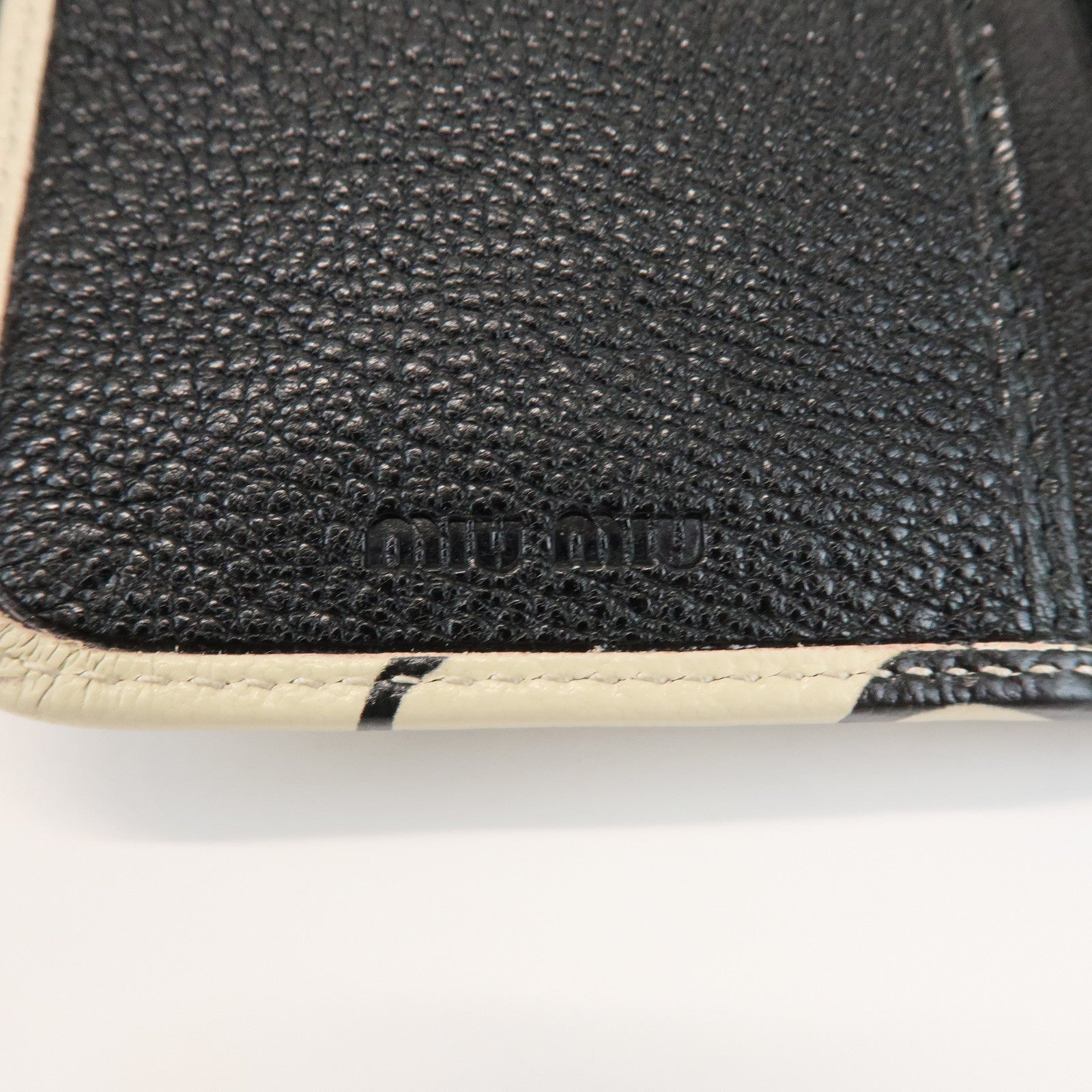 MIU MIU Leather Bi-fold Compact Wallet Black Cat Ivory 5ML225