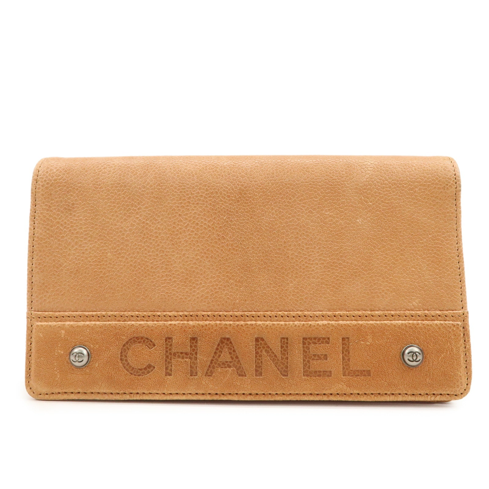 CHANEL Logo Caviarskin Flap Long Wallet Light Brown