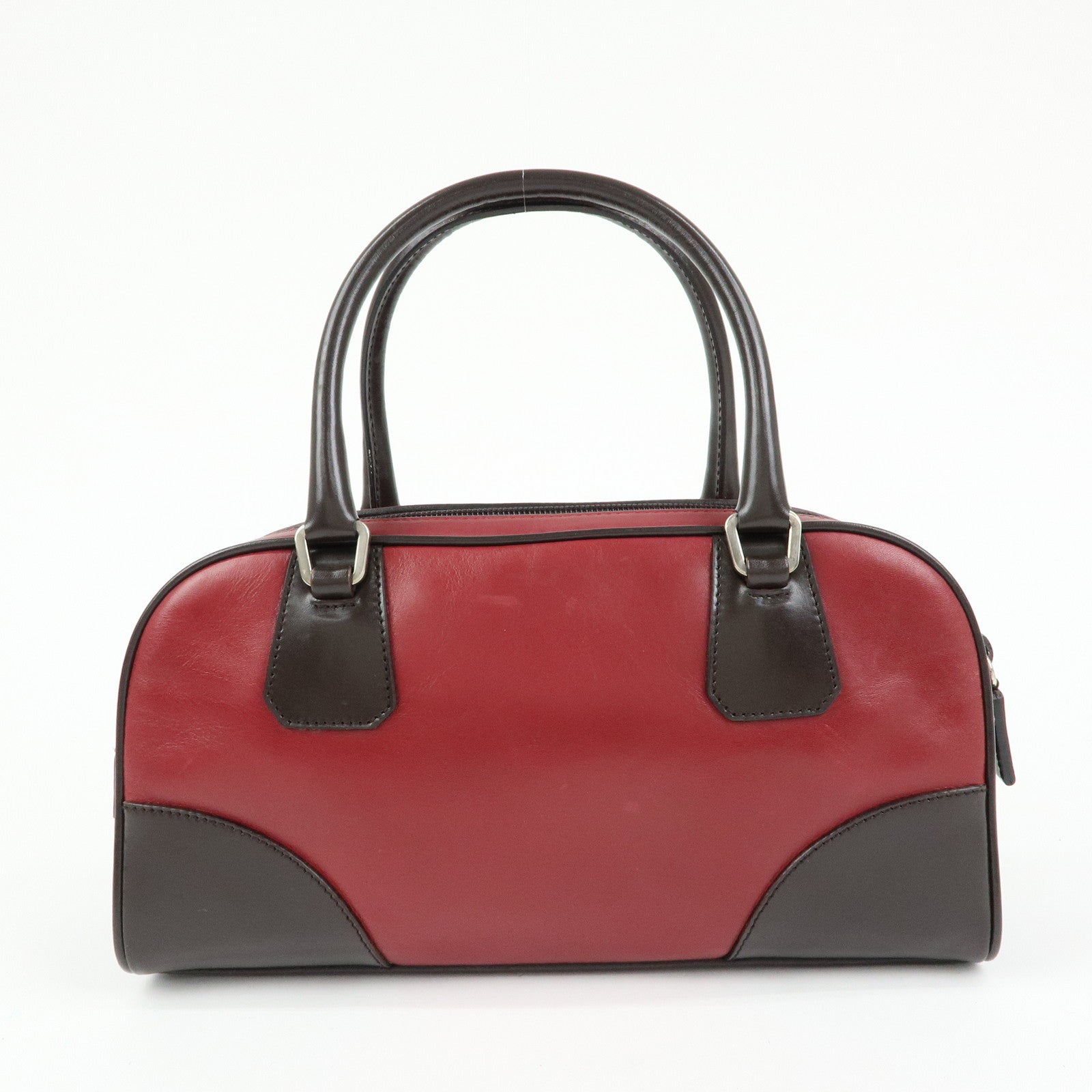 PRADA Leather Bicolor Hand Bag Mini Boston Bag Red Brown