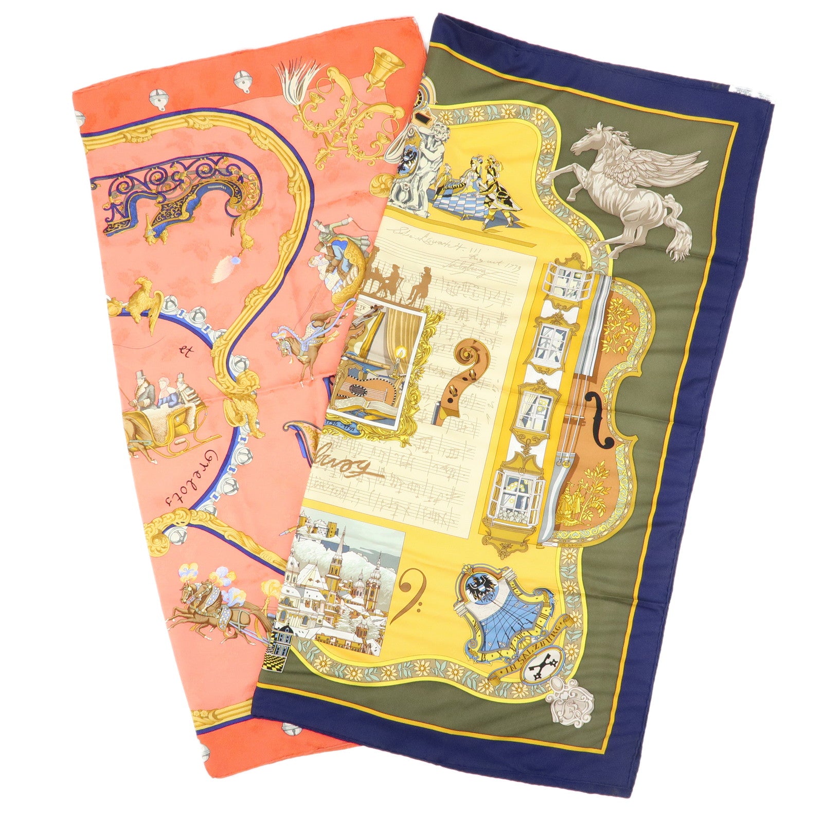 HERMES Carre 90 Set of 2 Silk 100% Scarf Pink Yellow Green