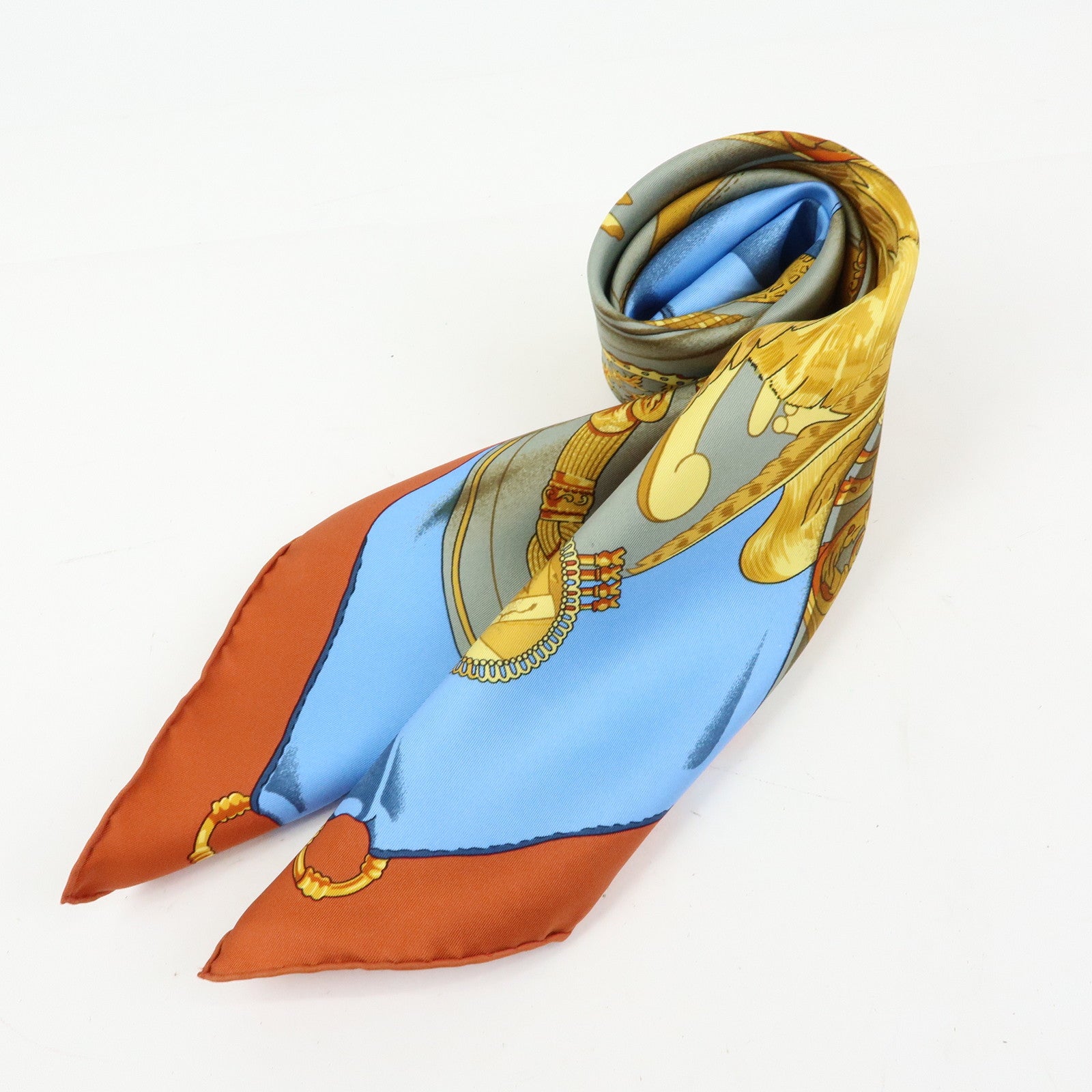 HERMES Carre 90 Silk 100% Soleil de Soie Scarf Gold Brown Blue