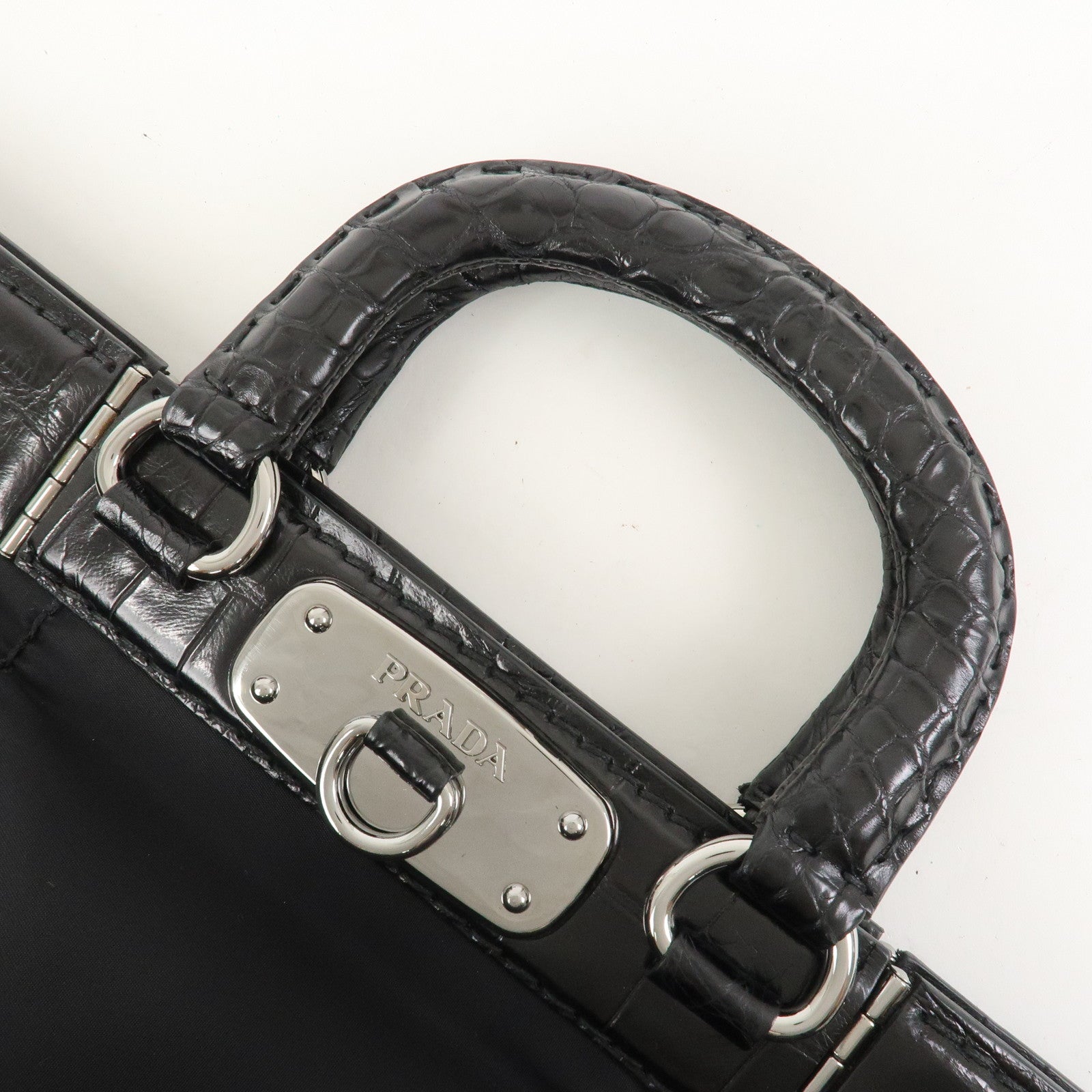 PRADA Triangle Logo Nylon Embossed Leather Hand Bag Black