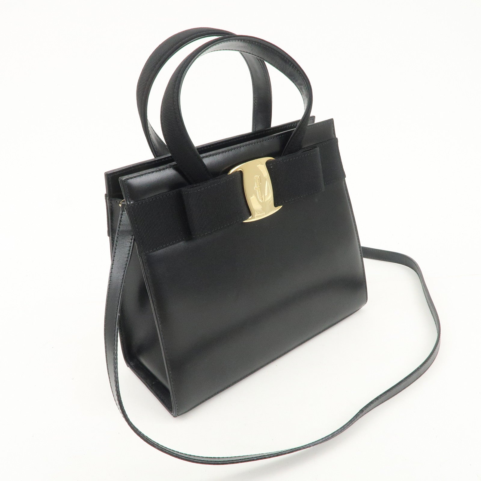 Ferragamo Vara Leather 2Way Hand Bag Shoulder Bag Black Used