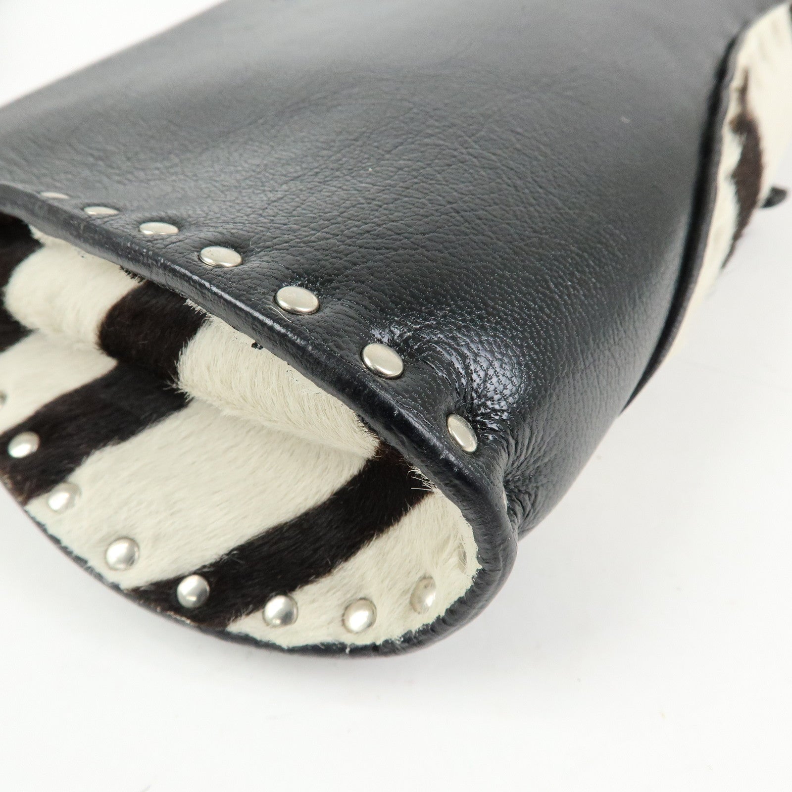 CELINE Haircalf Leather Studs Hand Bag Zebra Print Black White