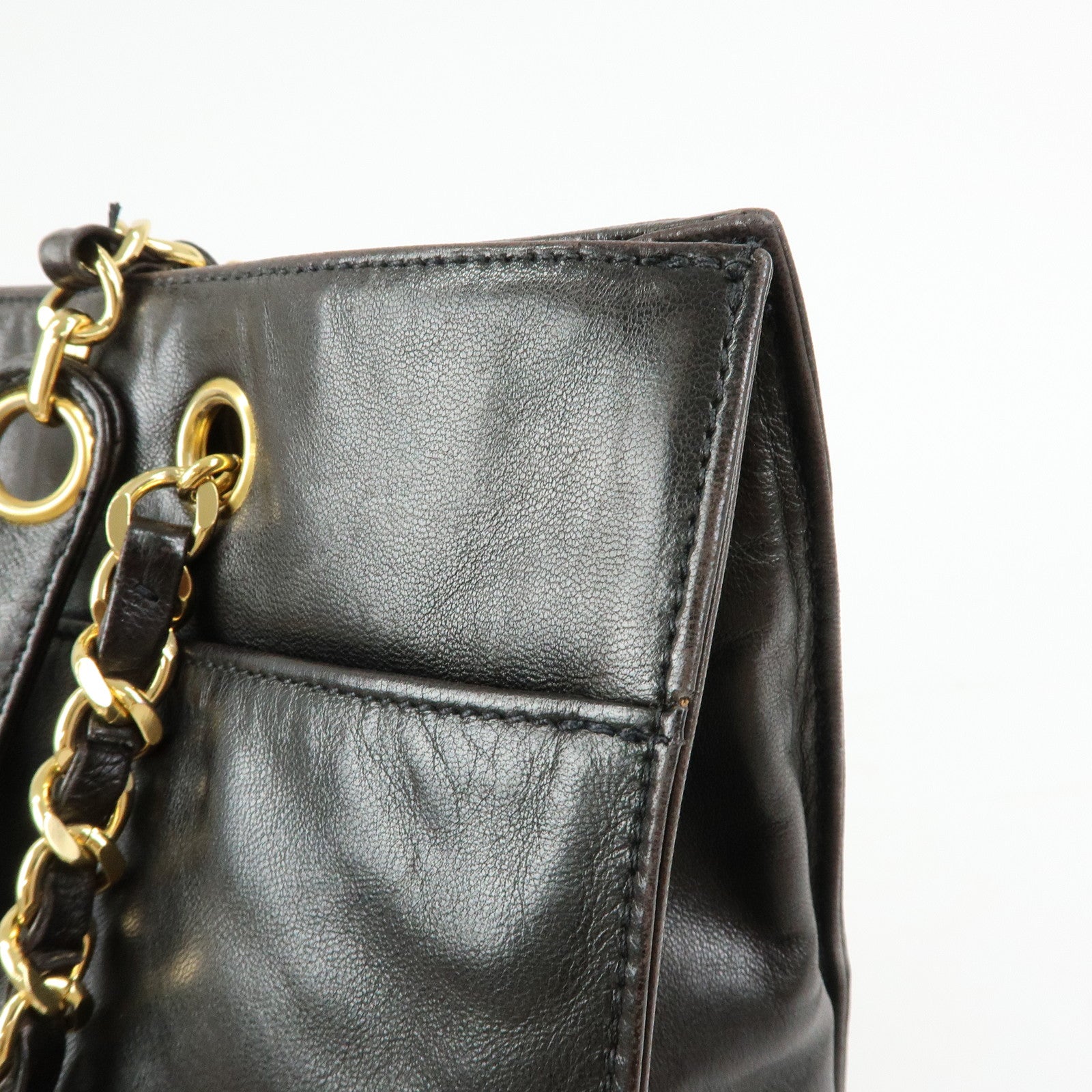 CHANEL COCO Mark Lamb Skin Tote Bag Shoulder Bag Dark Brown