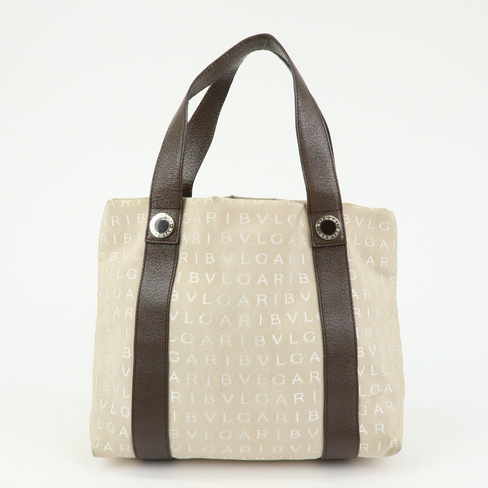 BVLGARI Logo Mania Canvas Leather Tote Bag Hand Bag Beige Brown