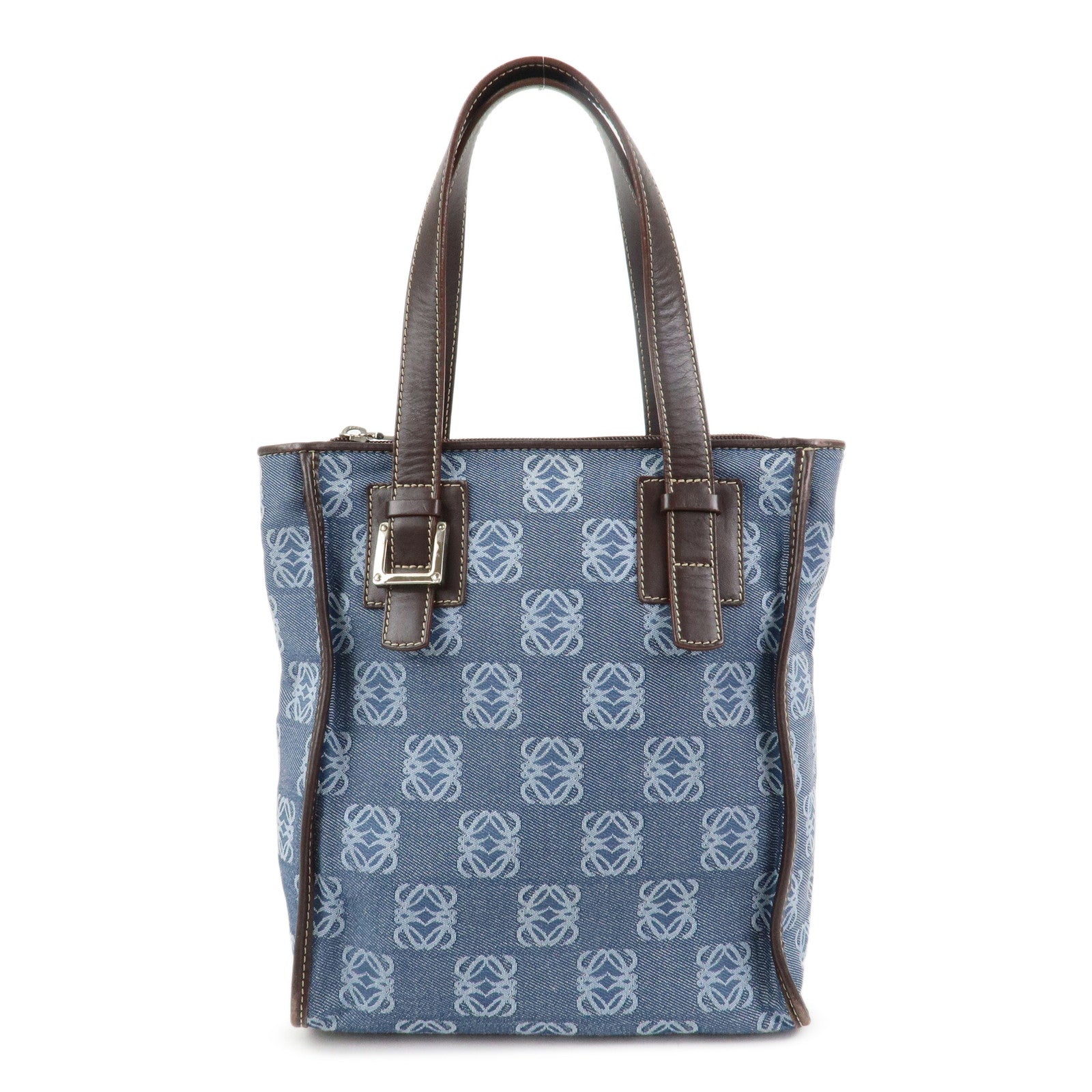 LOEWE Repeat Anagram Canvas Leather Tote Bag Hand Bag Blue Brown