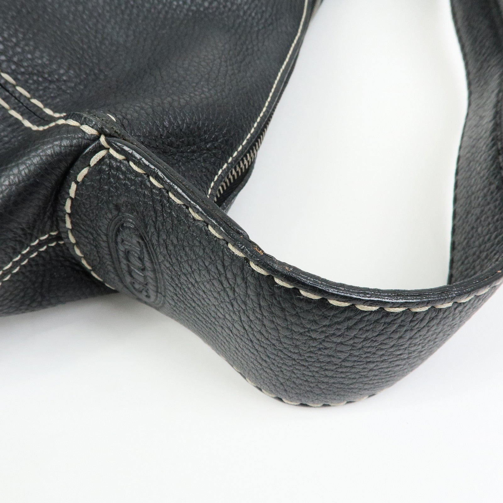 TOD'S Logo Stitches Leather Shoulder Bag Hand Bag Black