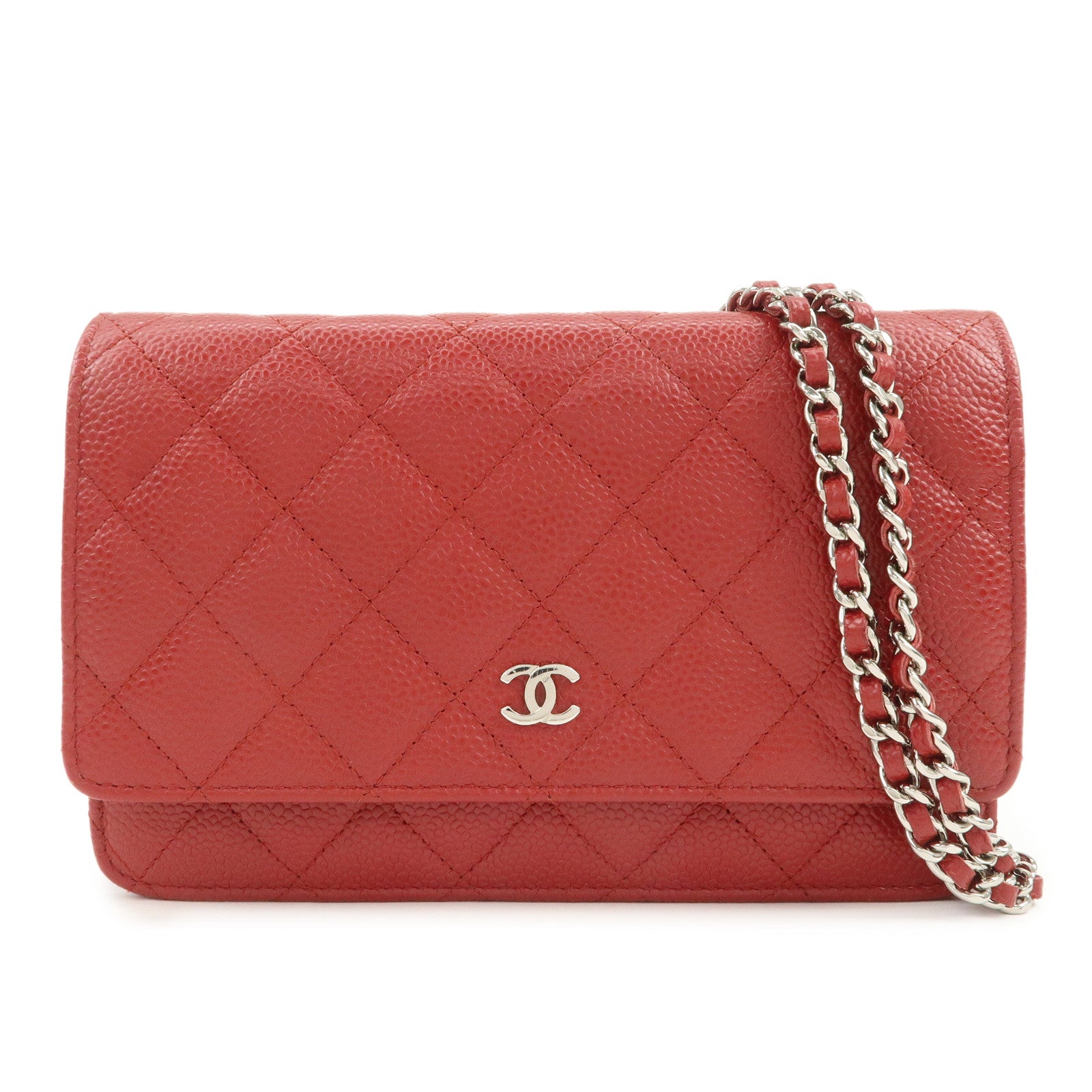 CHANEL Matelasse COCO Mark Caviarskin Chain Wallet Red A33814