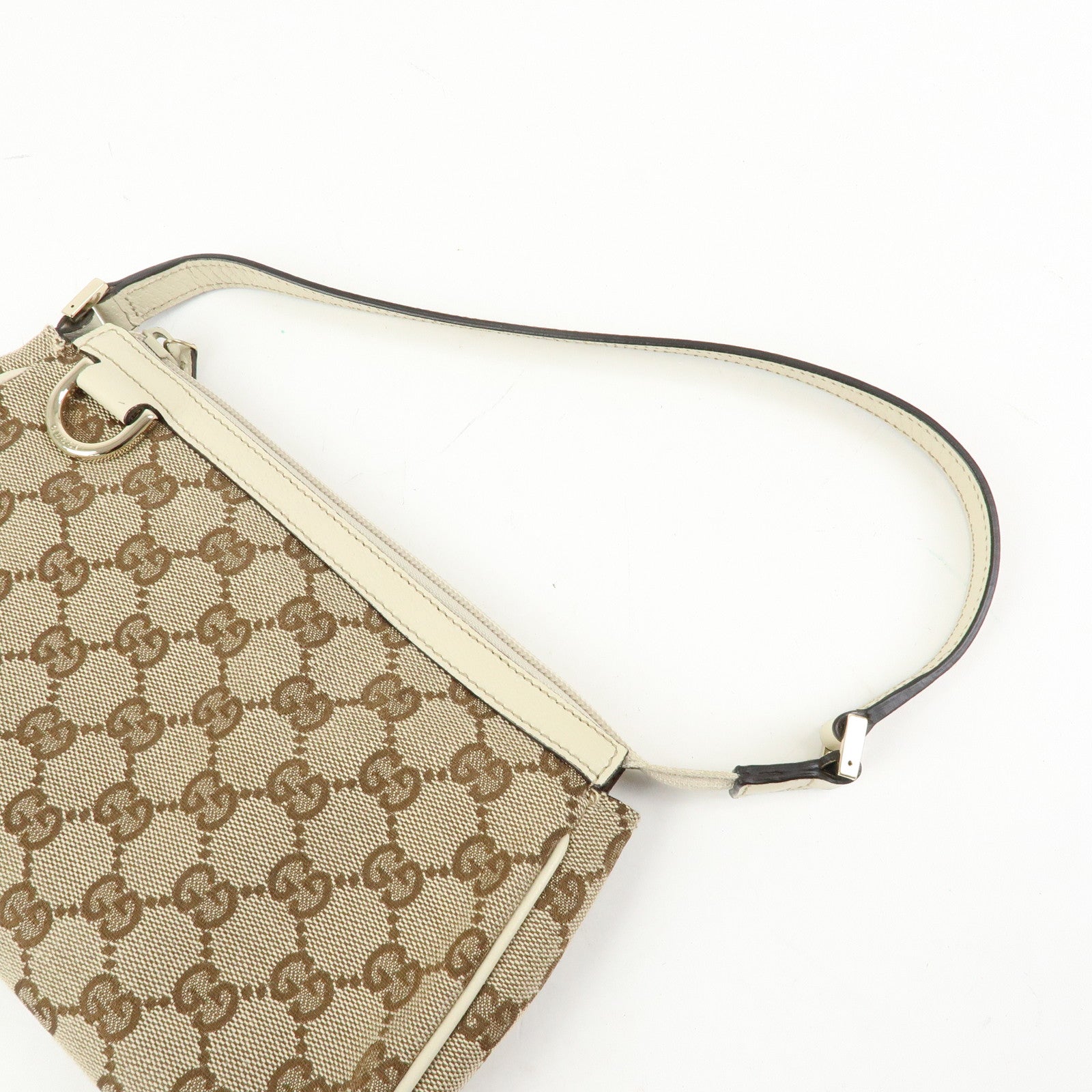 GUCCI GG Canvas Leather Accessory Pouch Hand Bag Beige White 145750