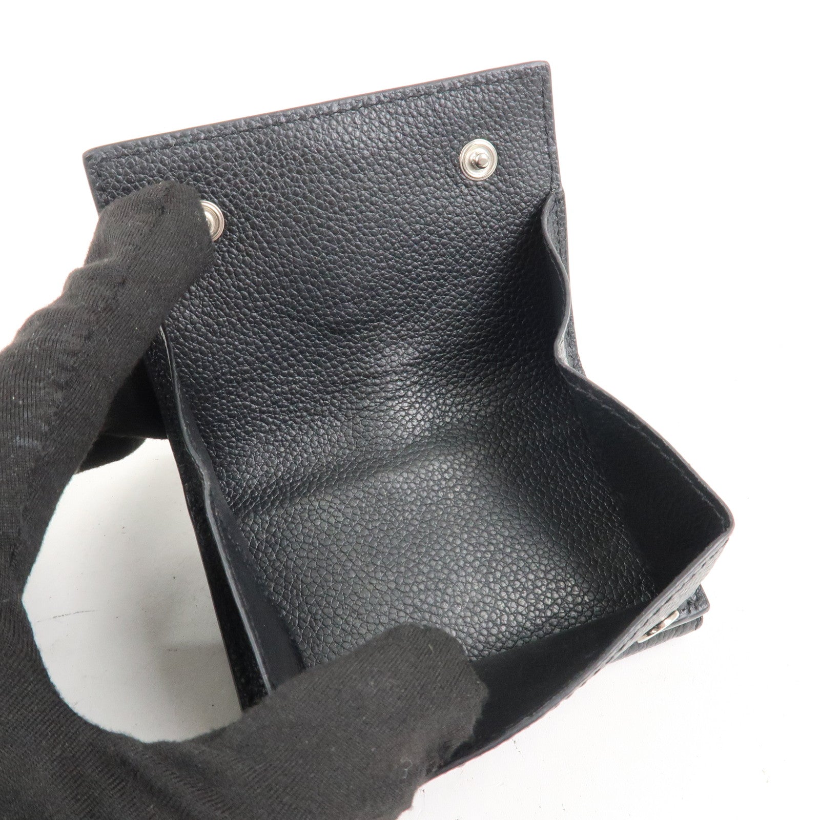 SAINT LAURENT Leather Tri-fold Compact Wallet Black Silver HDW
