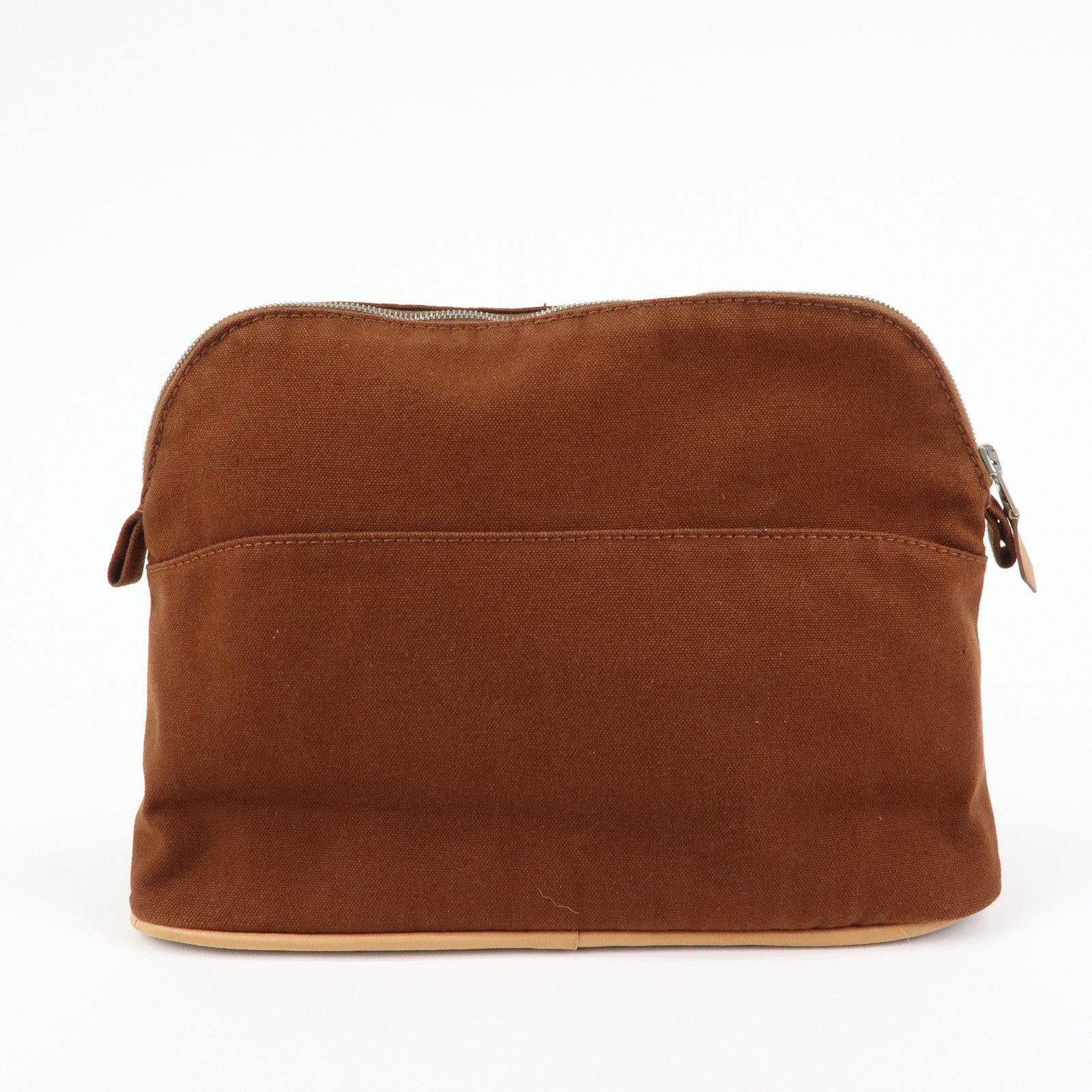 HERMES Bolide MM Cotton Leather Cosmetic Pouch Brown Beige