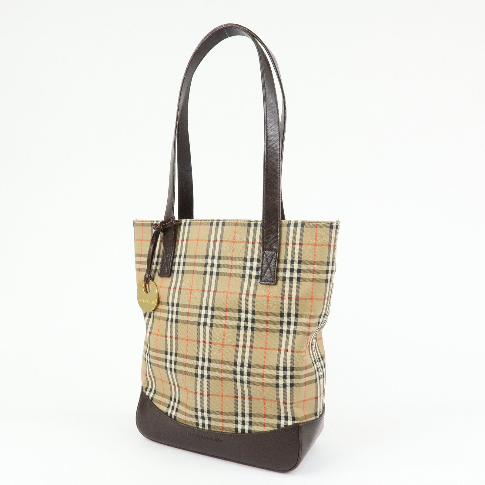 BURBERRY Nova Plaid Canvas Leather Tote Bag Shoulder Bag Beige