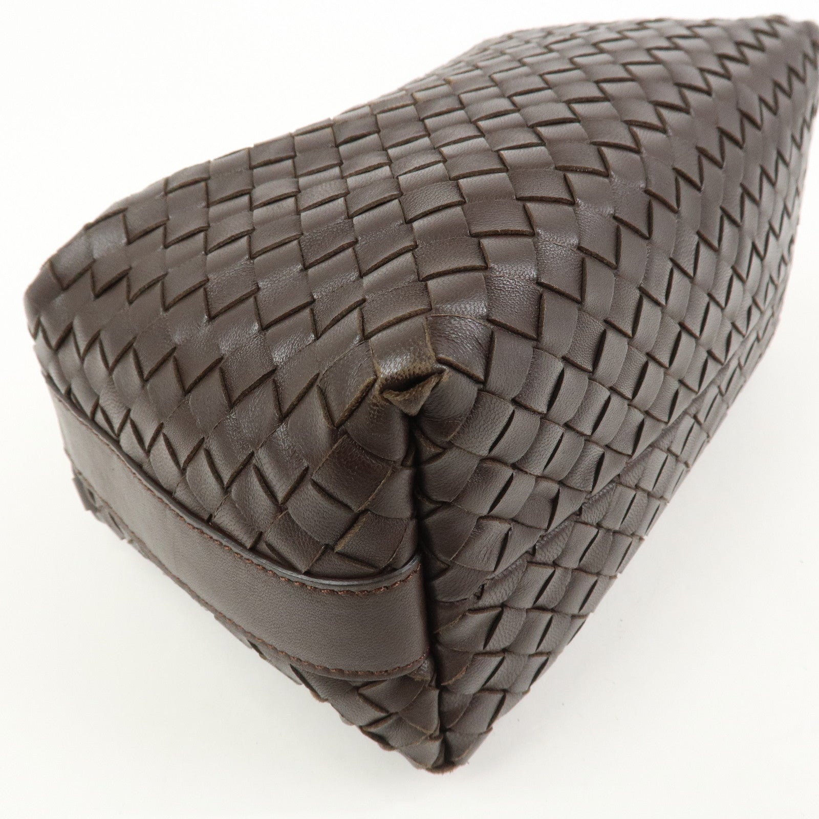 BOTTEGA VENETA Intrecciato Lamb Skin Hand Bag Boston Bag Dark Brown