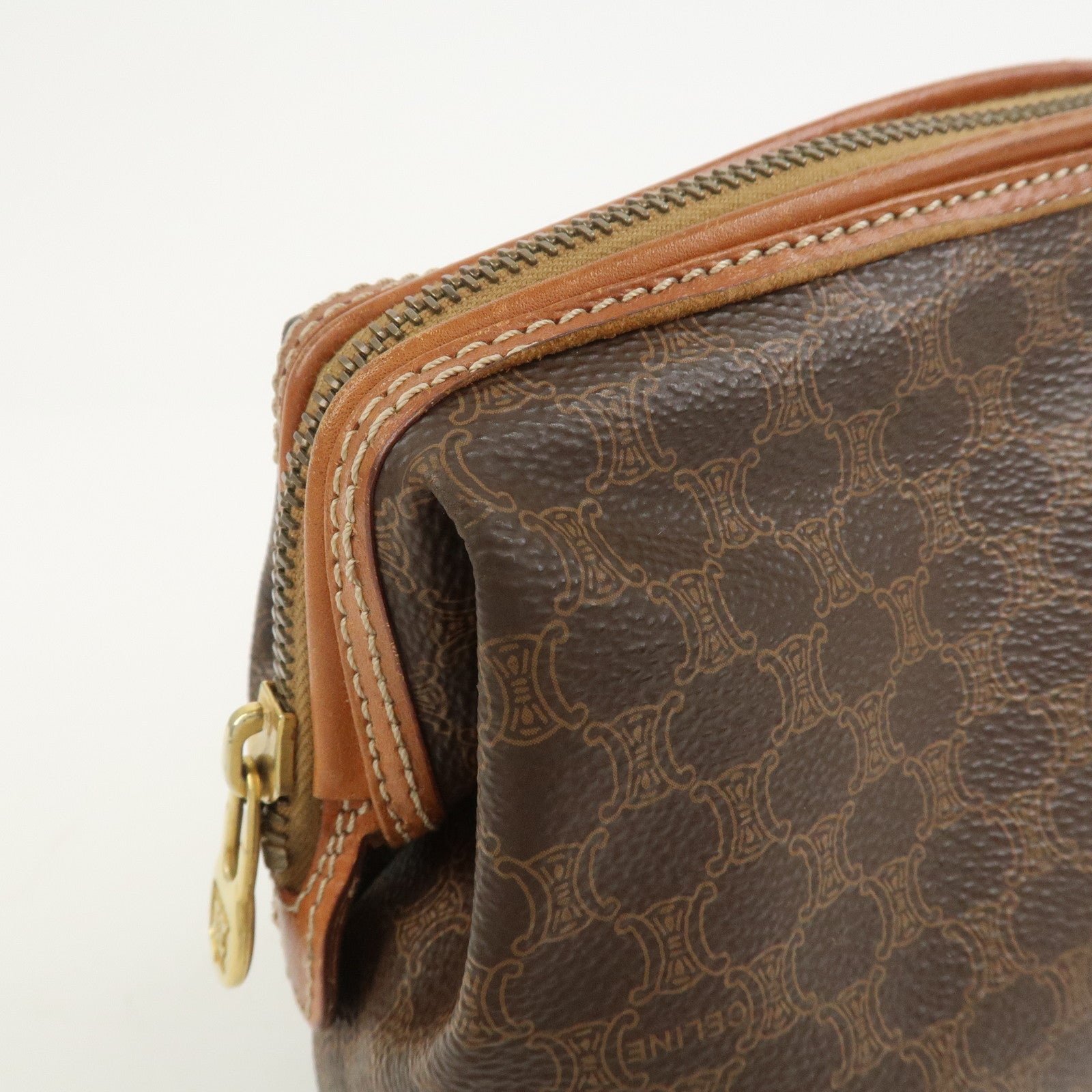 CELINE Macadam PVC Canvas Leather Cosmetic Pouch Brown