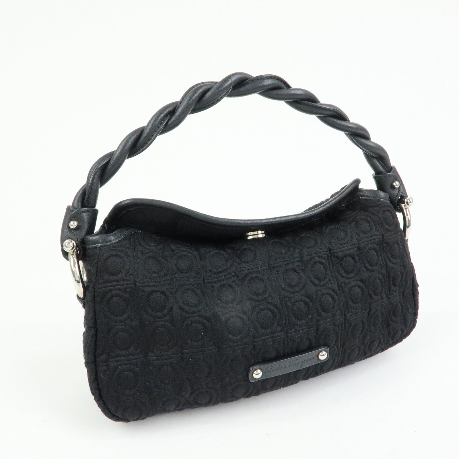 Ferragamo Gancini Canvas Leather Mini Hand Bag Black