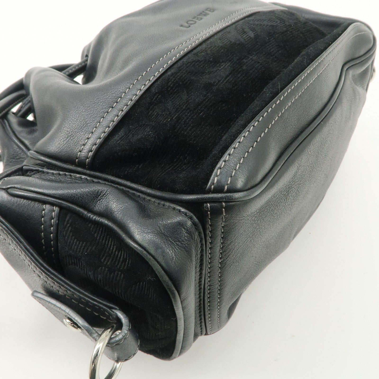 LOEWE Anagram Leather Suede Shoulder Bag Black Silver Used