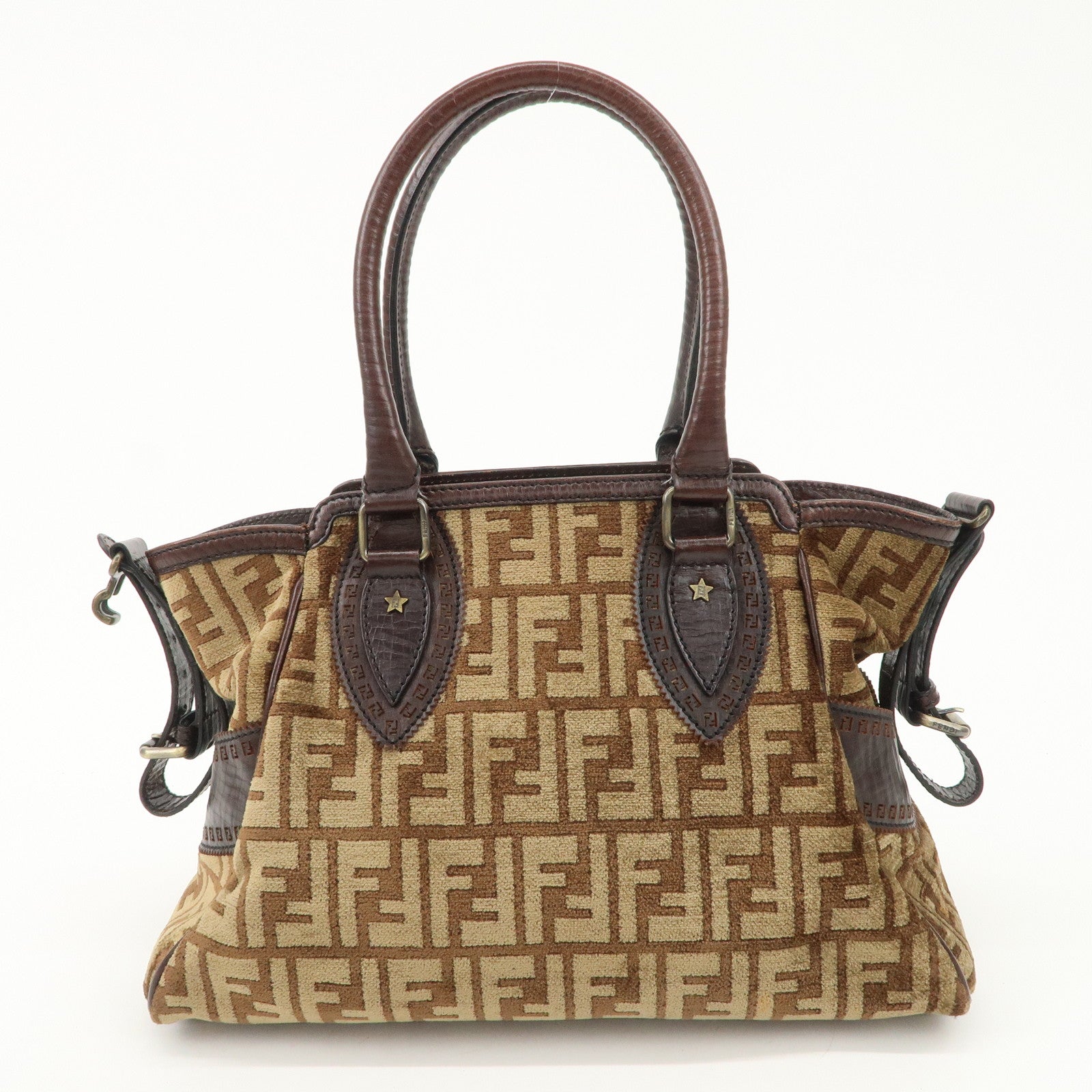 FENDI Suede Leather Ethnico Tote Bag Shoulder Bag Brown 8BN157