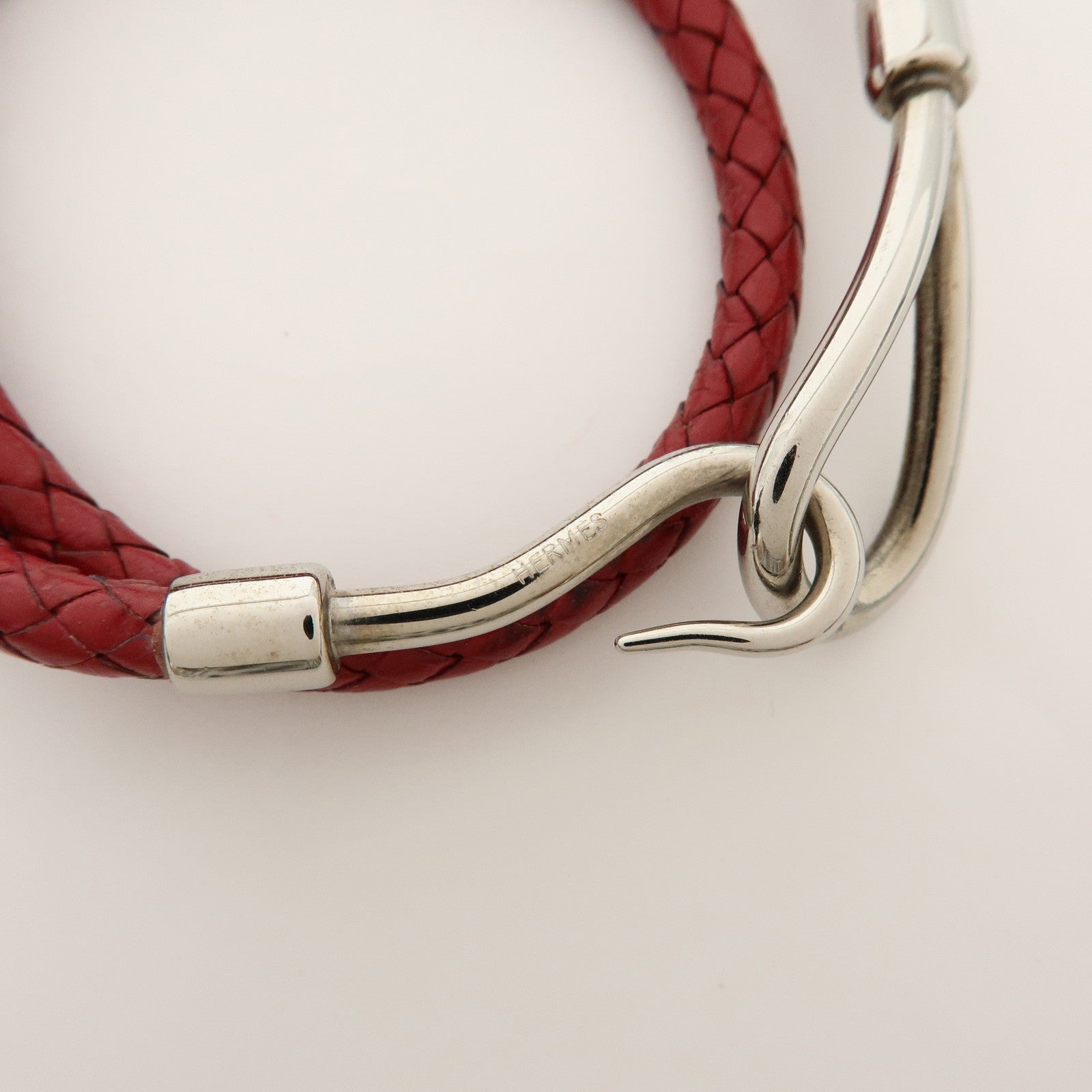HERMES Jumbo Choker Double Tour Leather Metal Bracelet Red Silver
