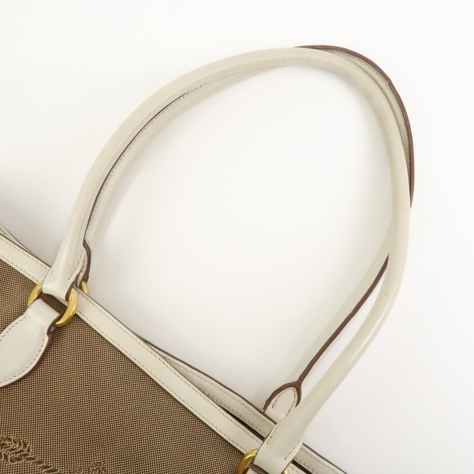 PRADA Logo Jacquard Leather Tote Bag Hand Bag Beige Ivory 1BG158