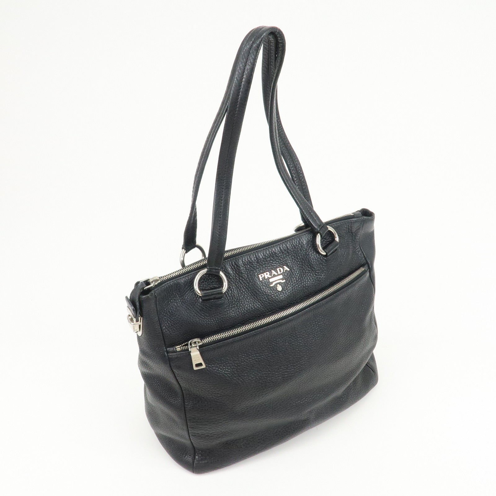 PRADA Logo Leather Shoulder Bag Hand Bag Tote Bag Black