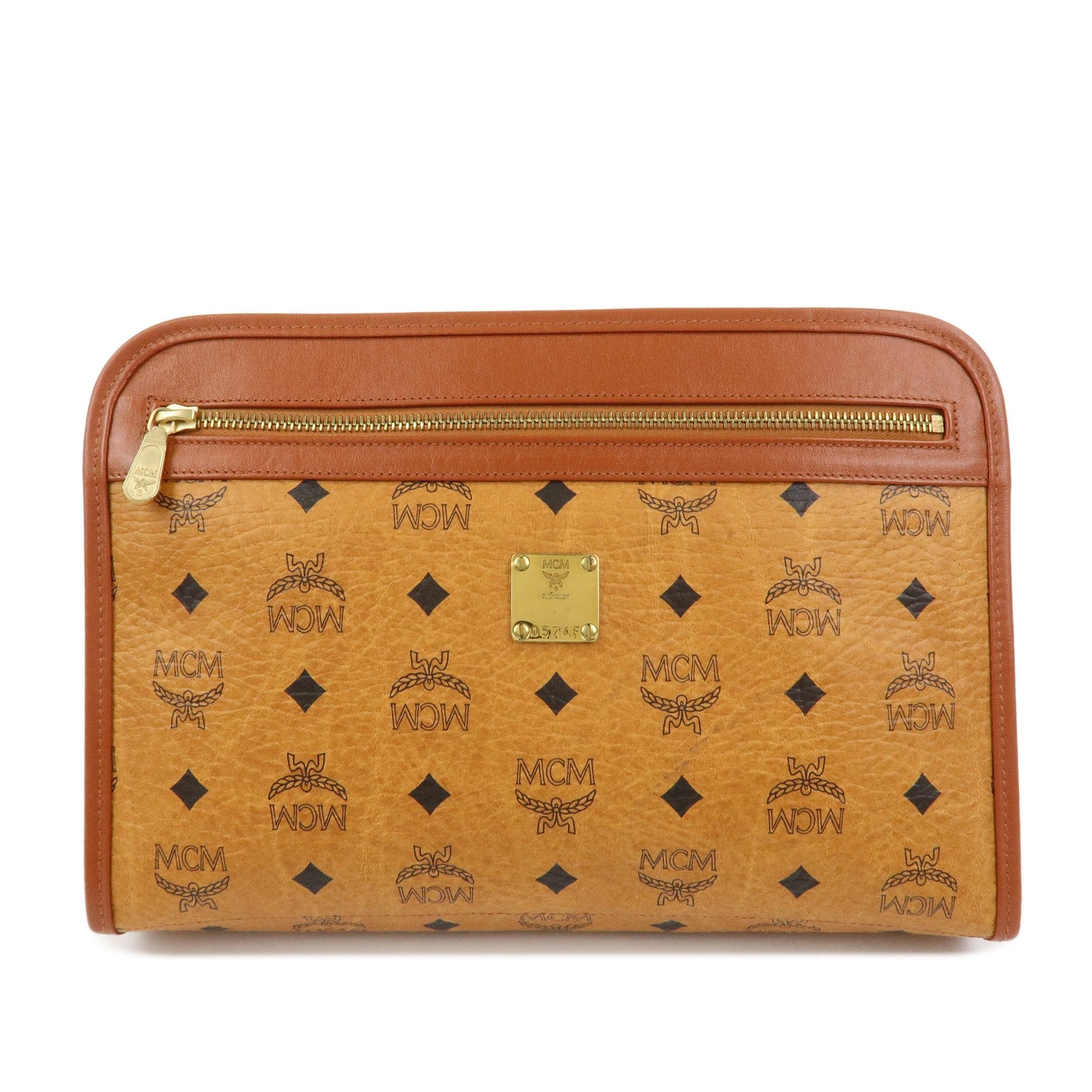 MCM Visetos Leather Clutch Bag Pouch Light Brown