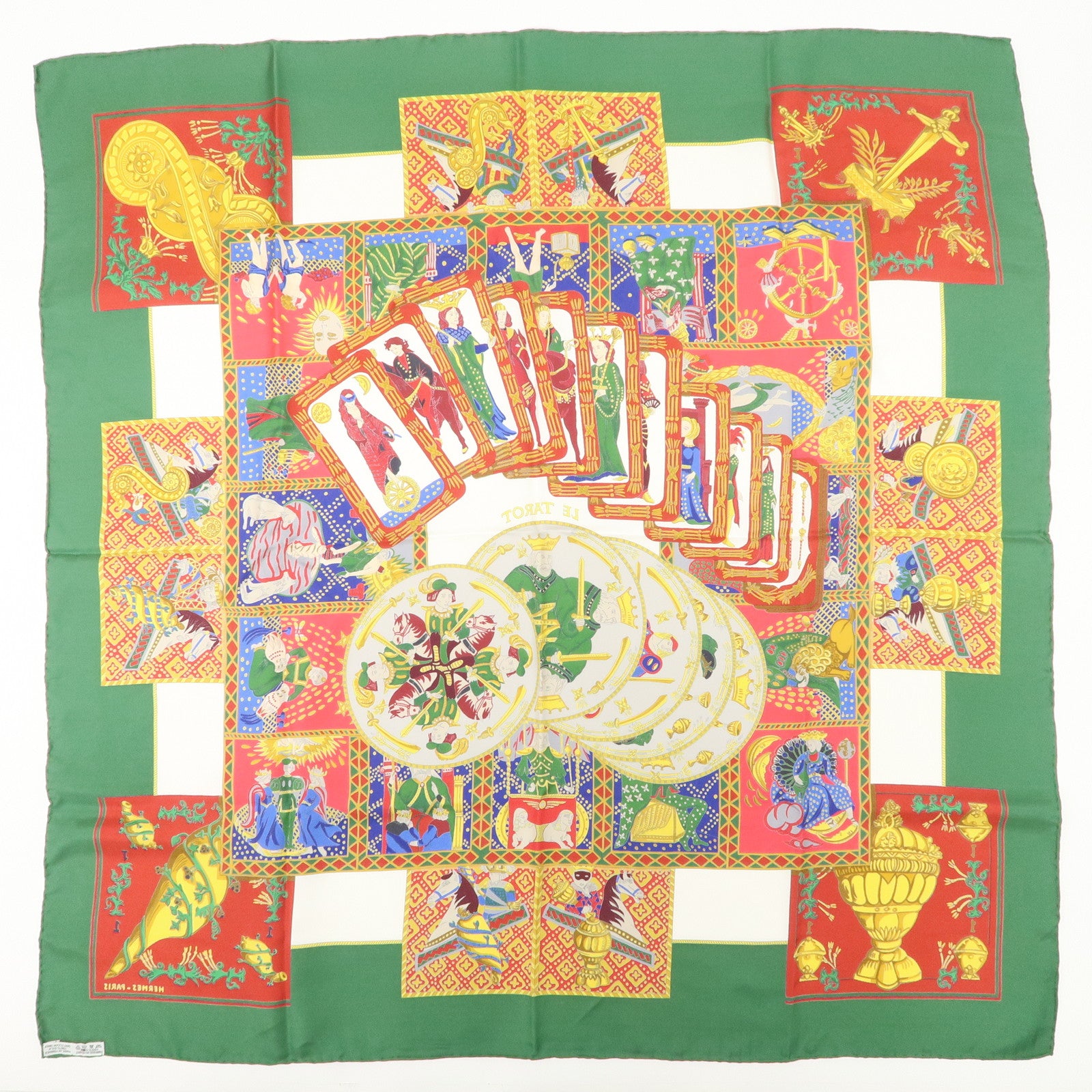HERMES Carre 90 Silk 100% Scarf LE TAROT Green Multi Color