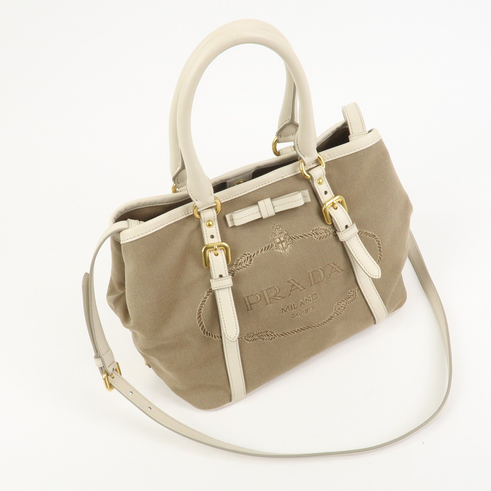 PRADA Logo Jaquard Leather 2Way Hand Bag Shoulder Bag Beige White