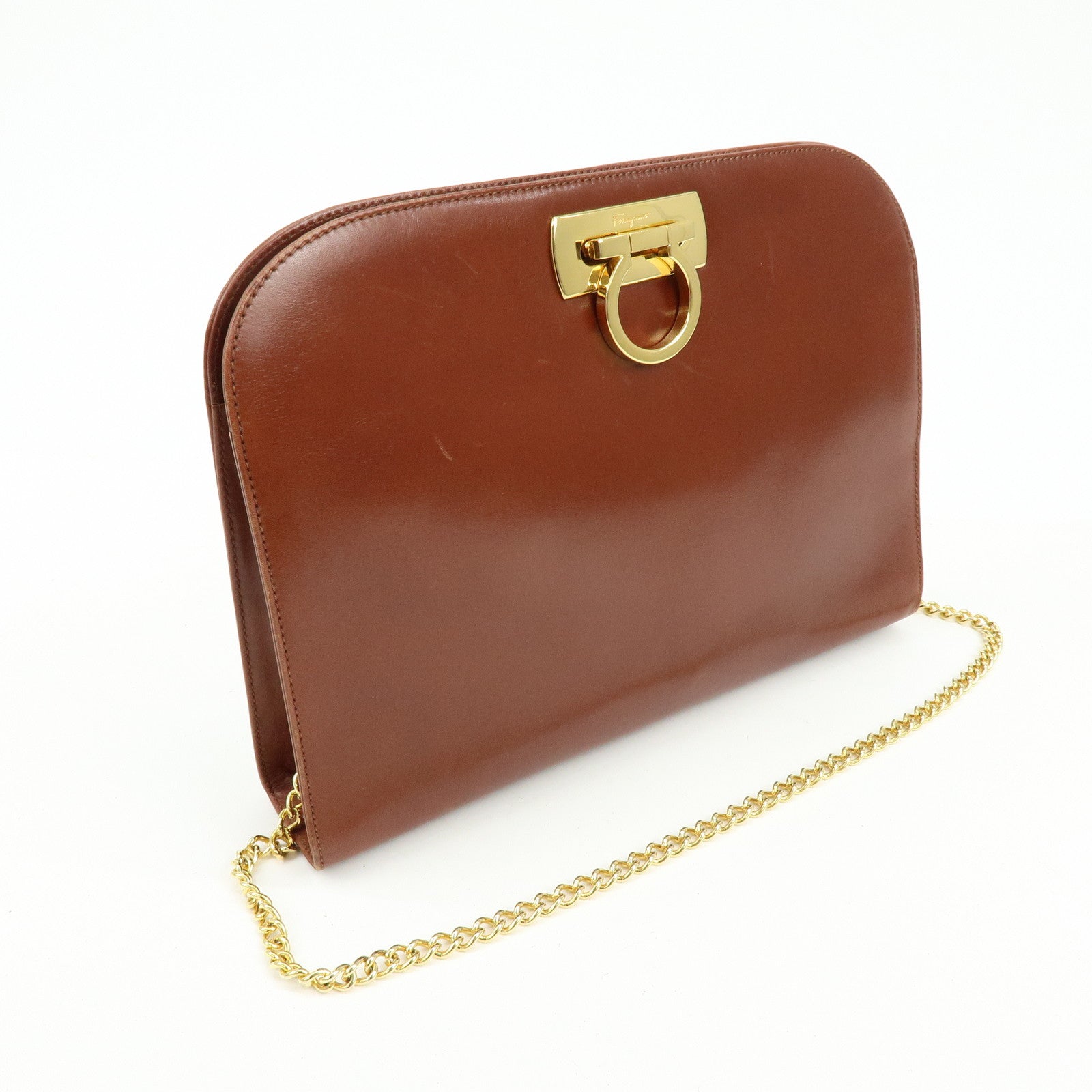 Ferragamo Gancini Calf Skin Leather Chain Shoulder Bag Brown