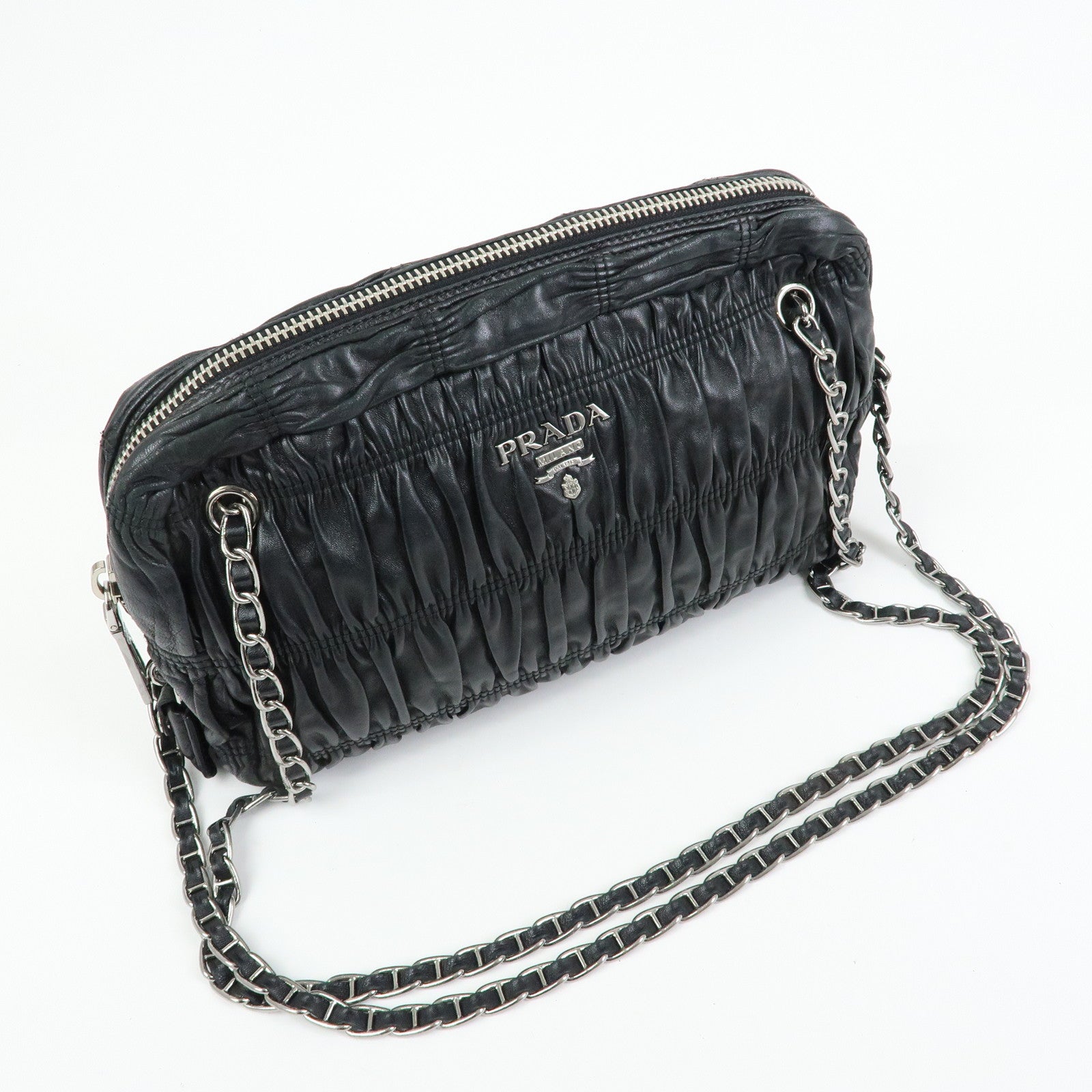 PRADA Logo Nappa Leather Gathered Chain Shoulder Bag Black