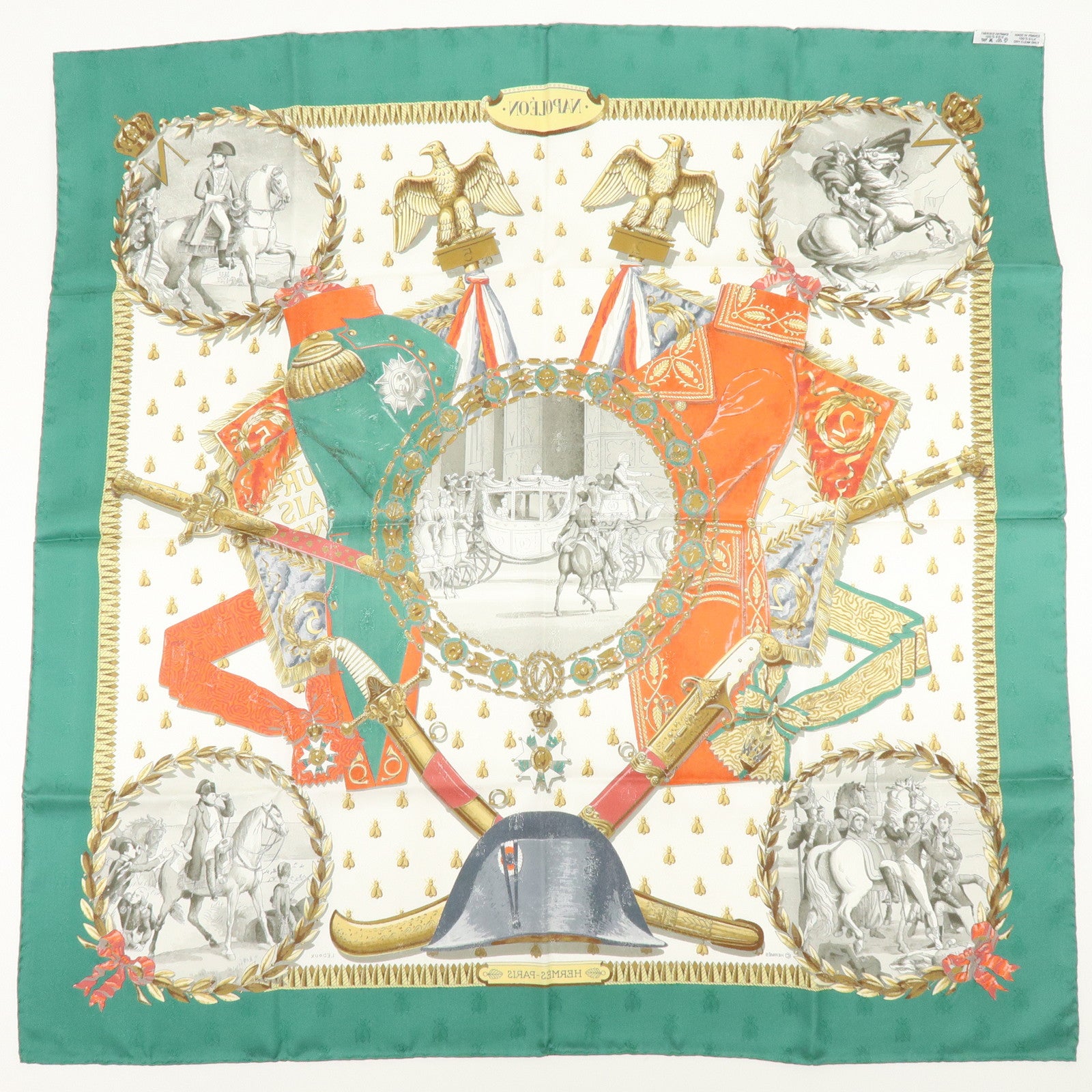 HERMES Carre 90 Silk 100% Scarf NAPOLEON Green White