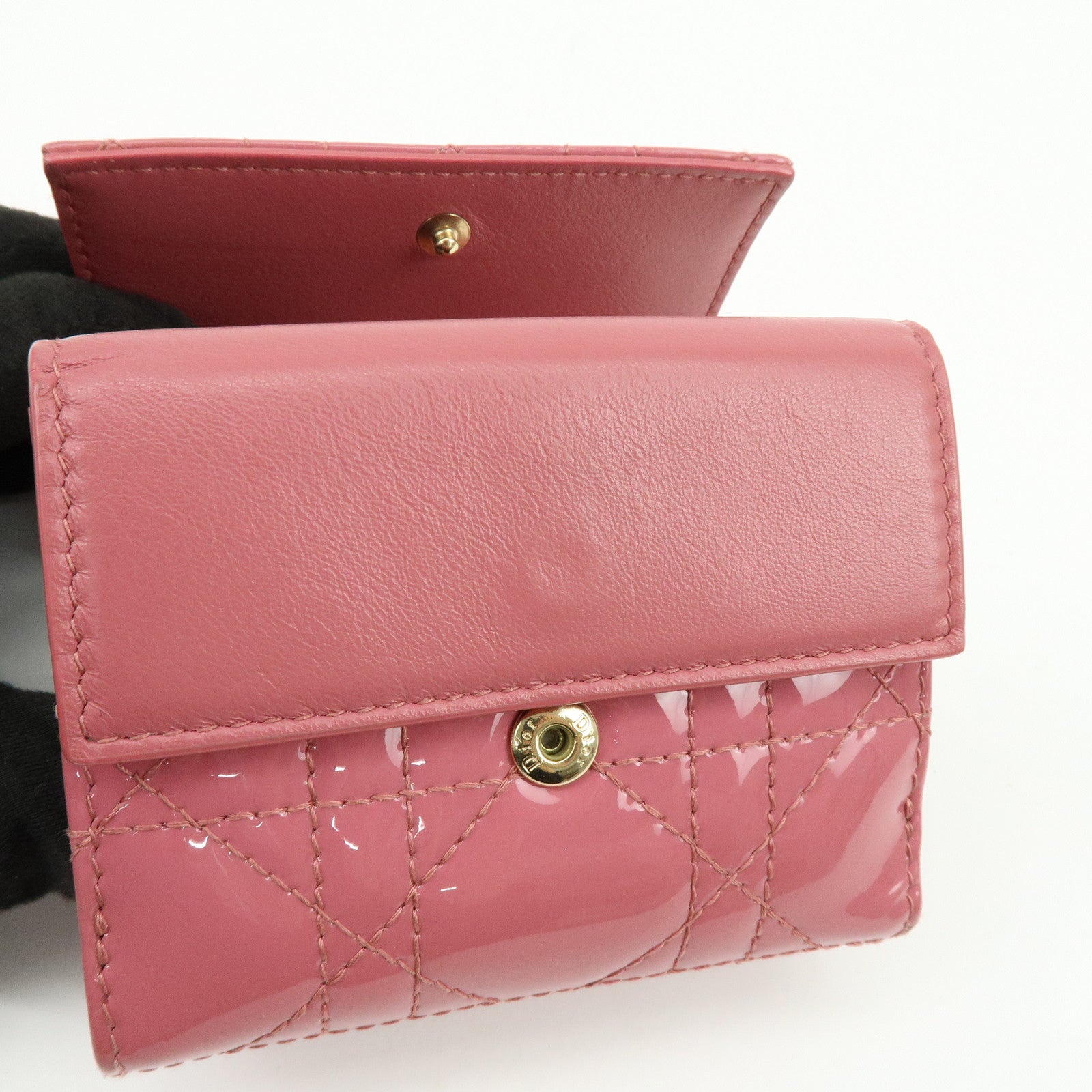 Christian Dior Canage Patent Leather Compact Wallet Pink