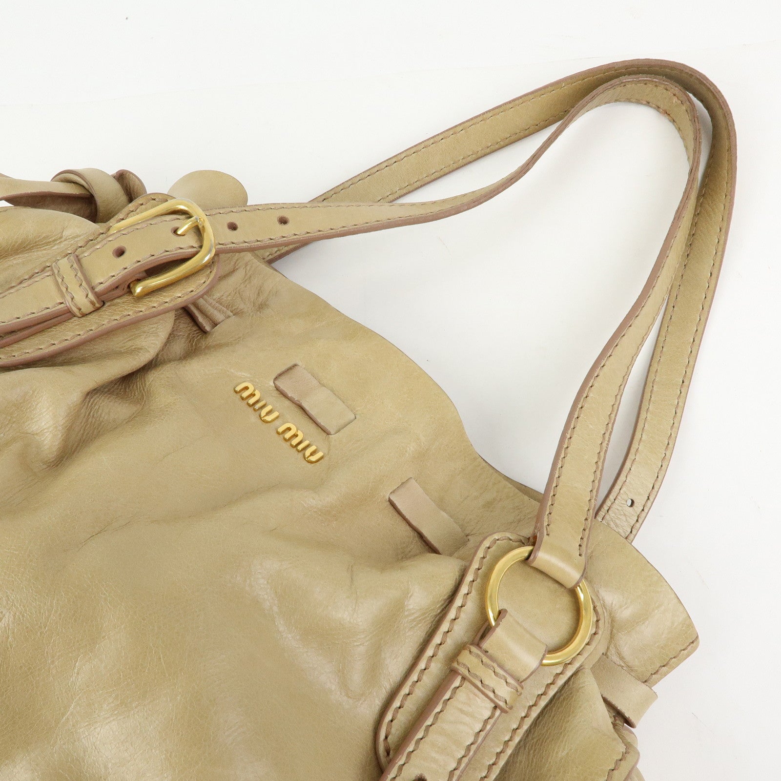 MIU MIU Logo Side Ribbon Leather Shoulder Bag Tote Bag Beige