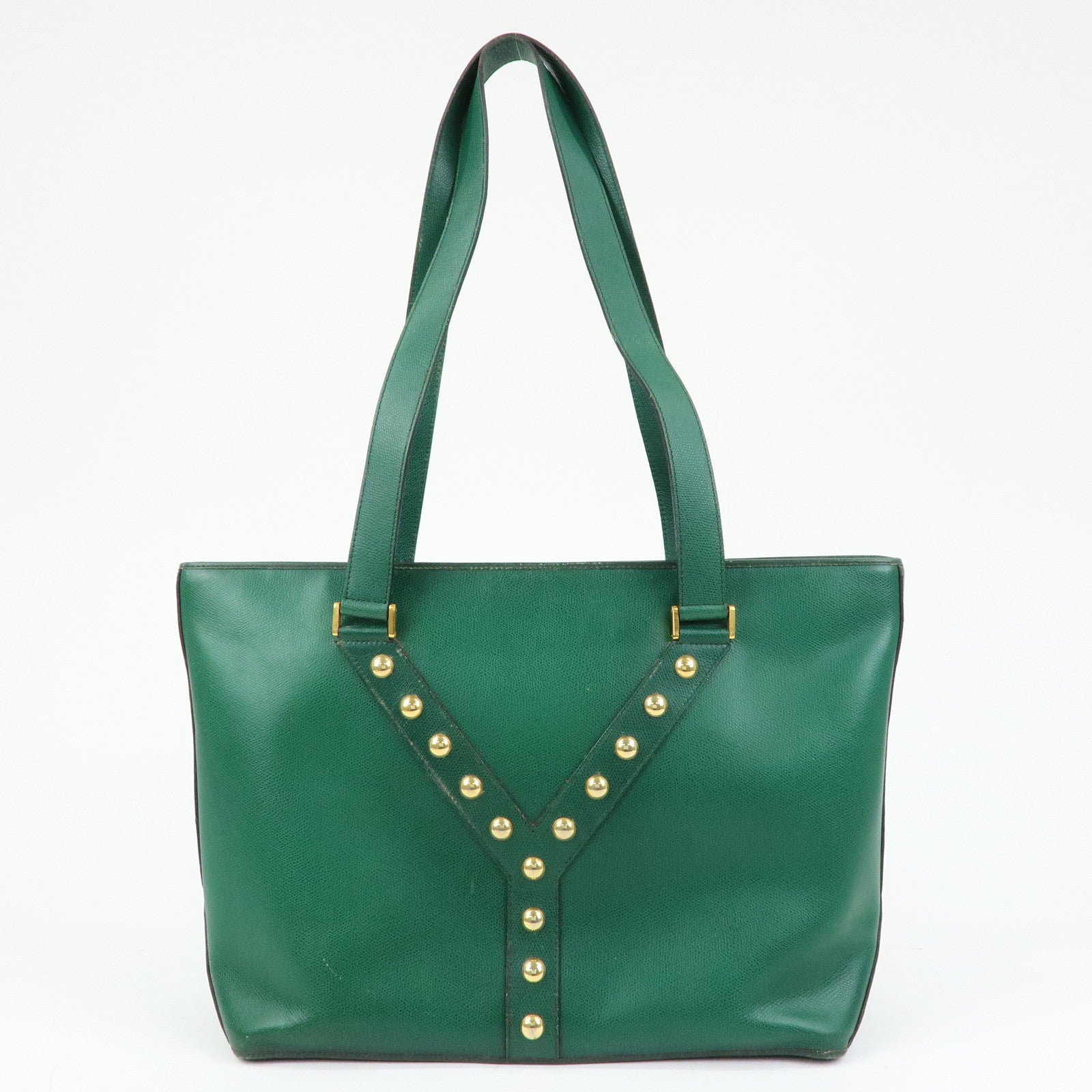 SAINT LAURENT PARIS Y Line Leather Studs Tote Shoulder Bag Green