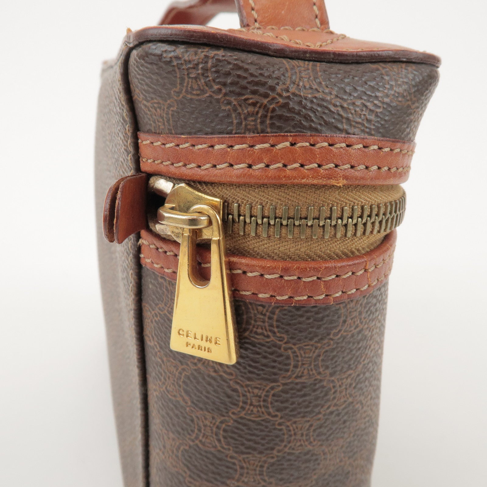 CELINE Macadam PVC Coated Canvas Leather Hand Bag Vanity Bag Brown
