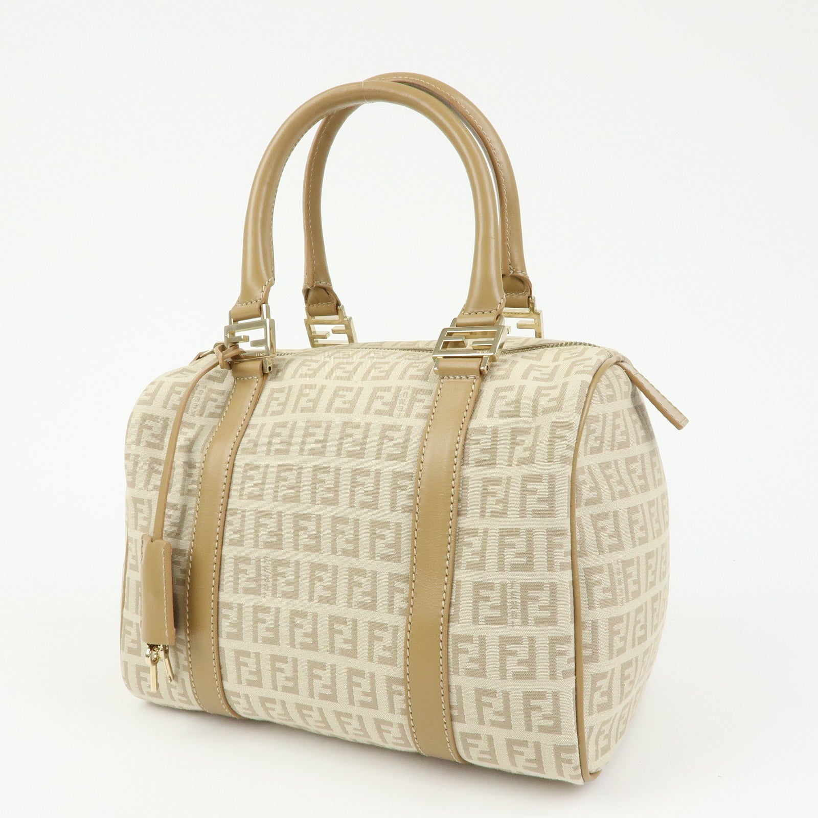 FENDI Zucchino Canvas Leather Boston Bag Hand Bag Beige 8BL068