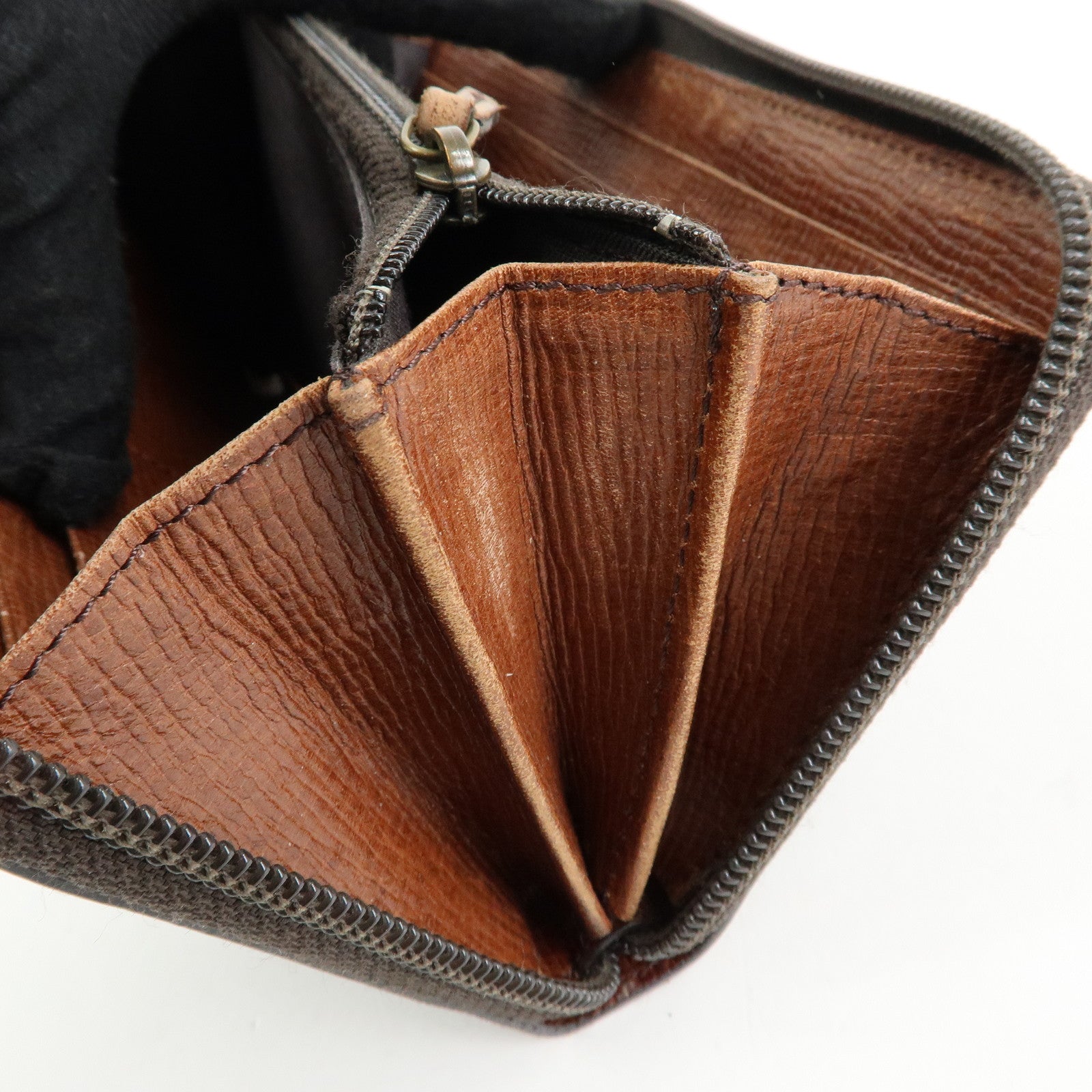 FENDI Zucchino Canvas Leather Round Zippy Long Wallet Brown 8M0024