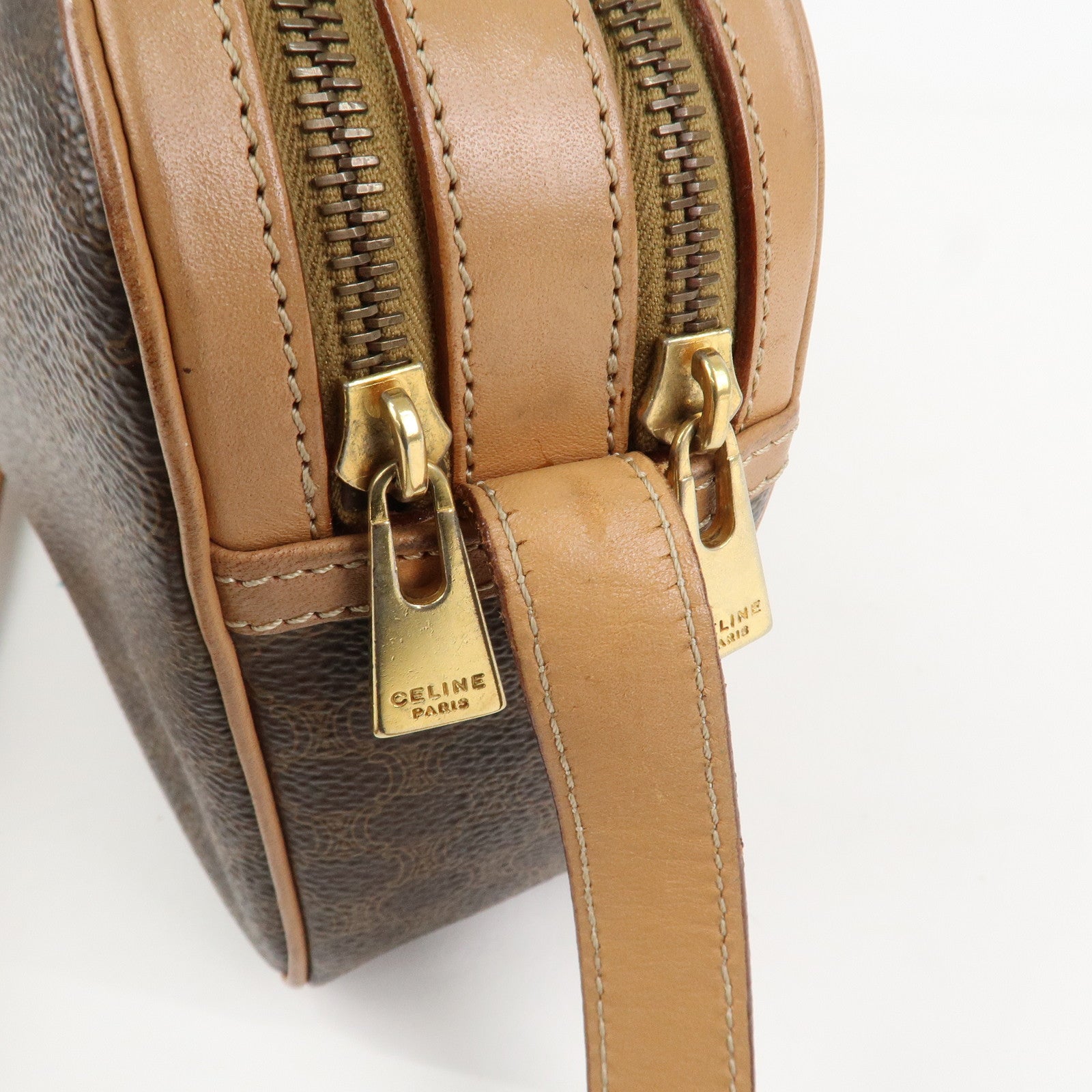 CELINE Macadam Leather Shoulder Bag Beige Brown Gold Hardware