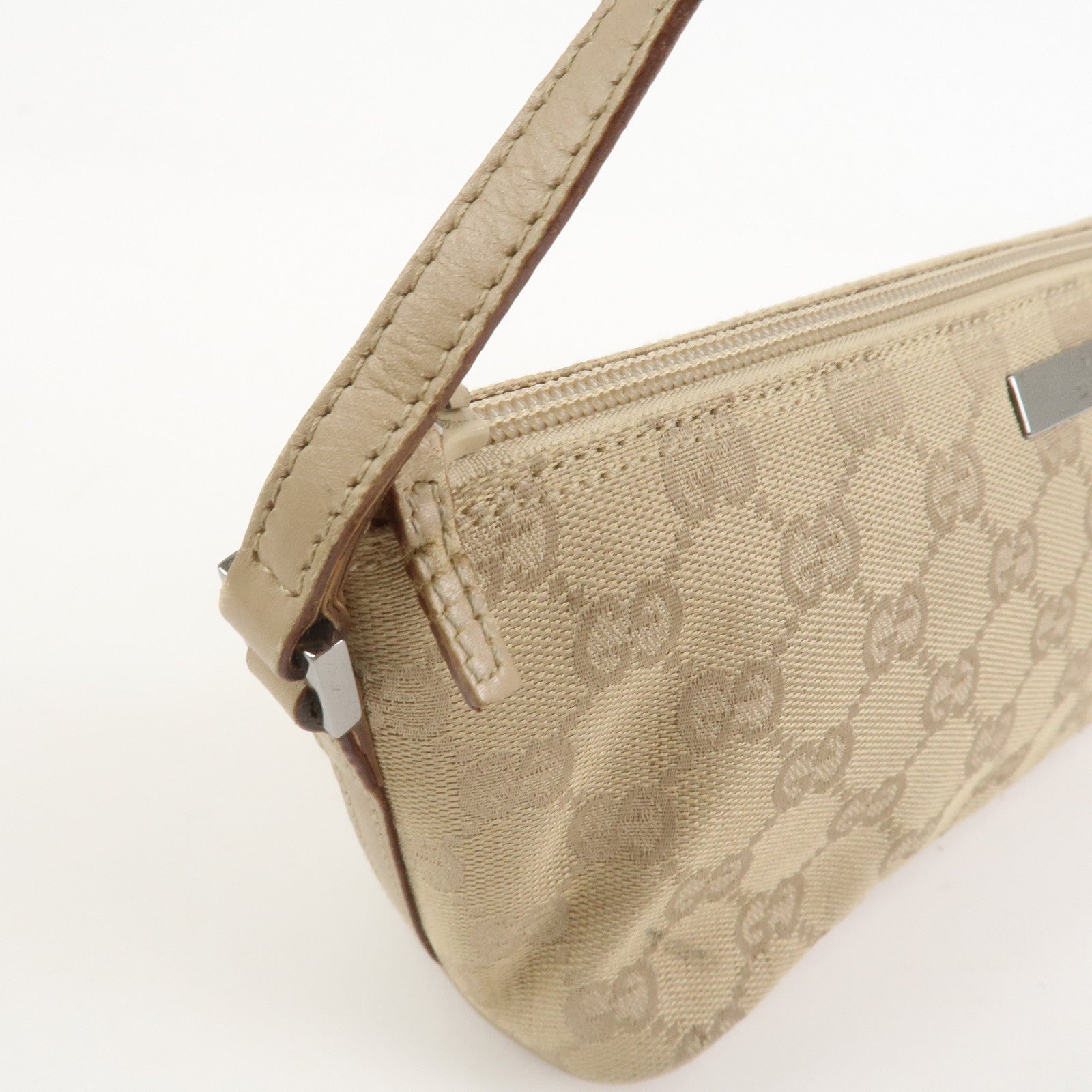 GUCCI Boat Bag GG Canvas Leather Hand Bag Pouch Beige 07198