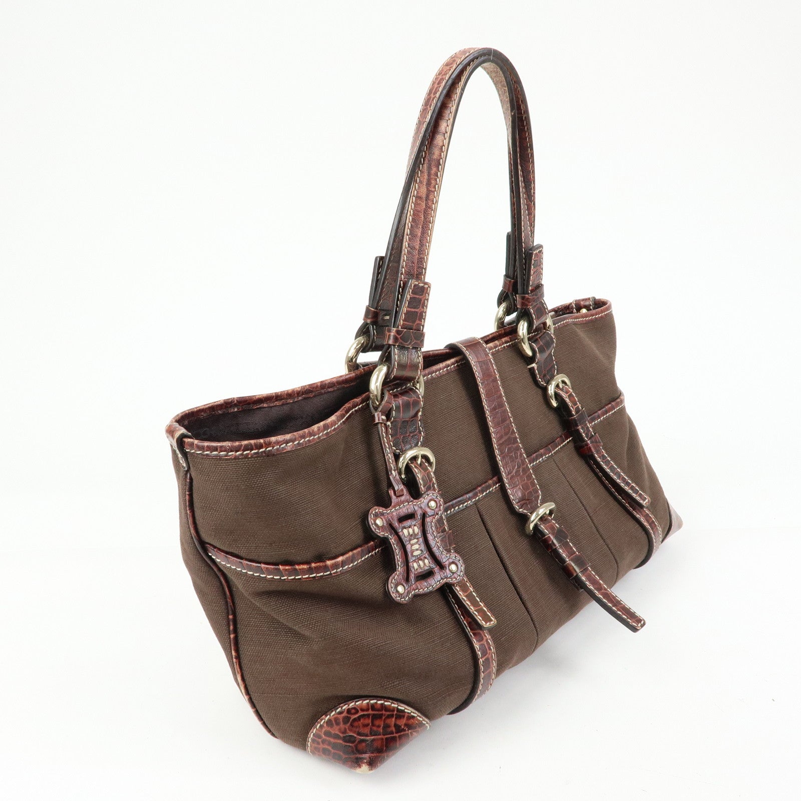 CELINE Logo Canvas Embossed Leather Tote Bag Hand Bag Brown