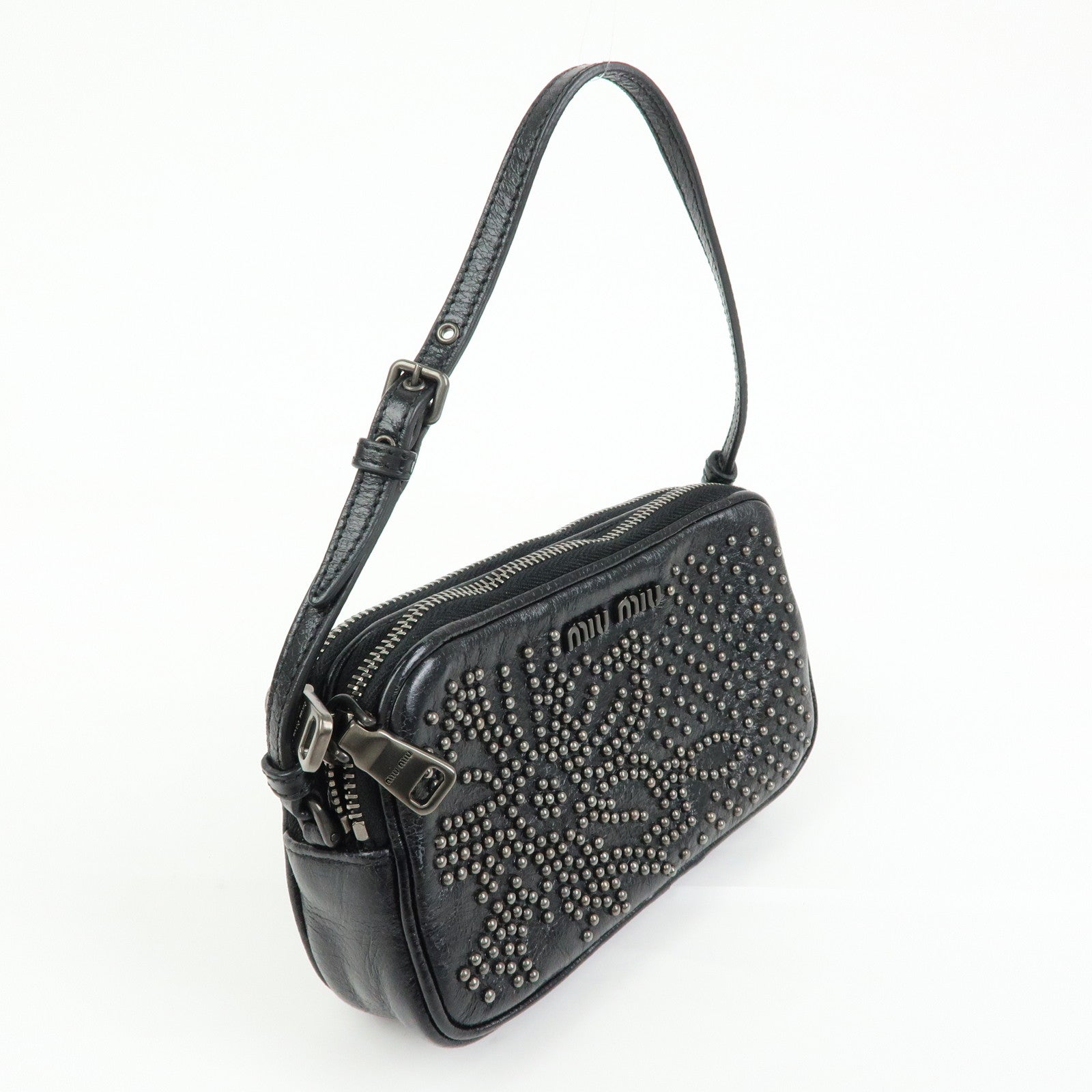 MIU MIU Logo Leather Mini Hand Bag Pouch Studs Black