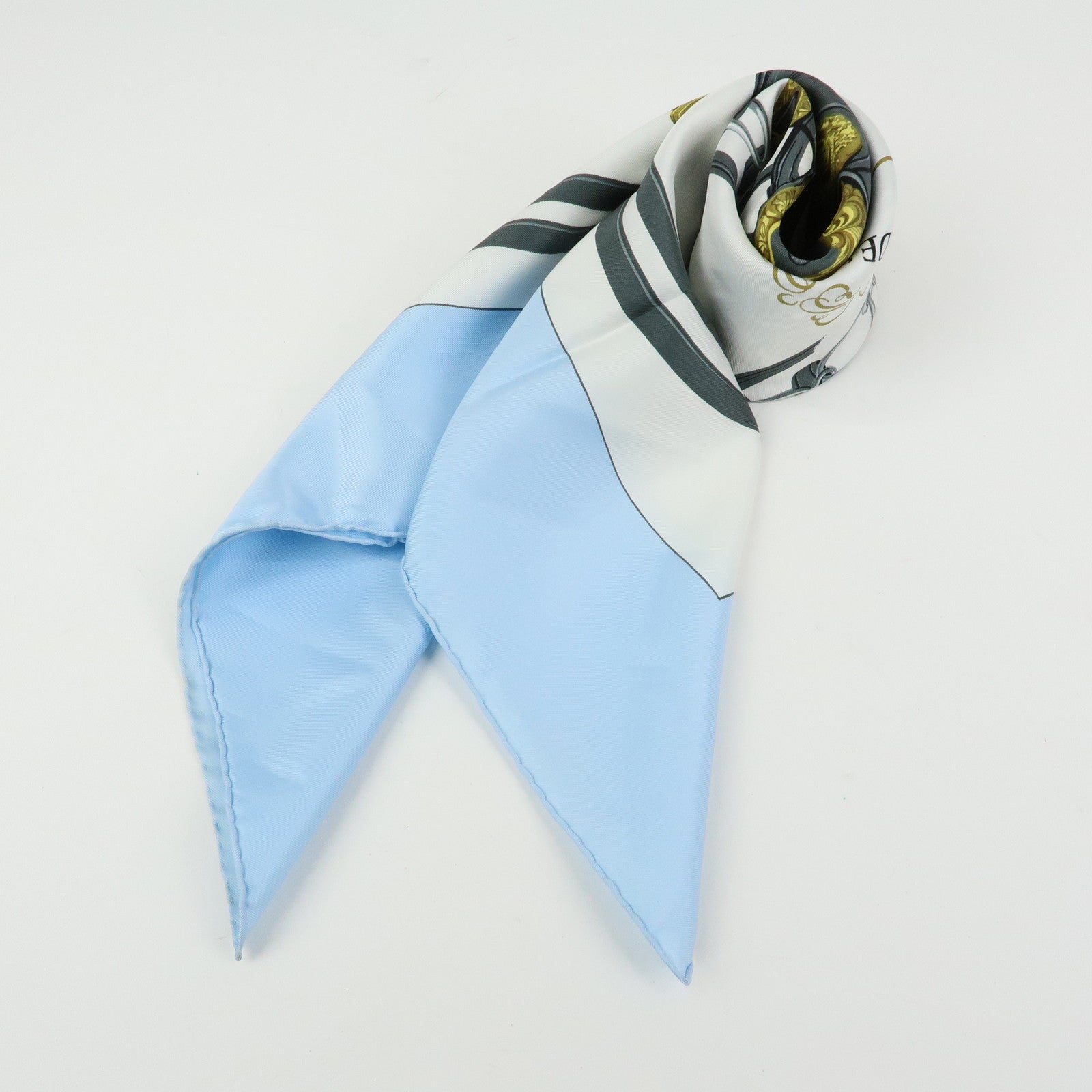 HERMES Carre 90 Silk 100% Scarf Brides de Gala Gray Light Blue Gold